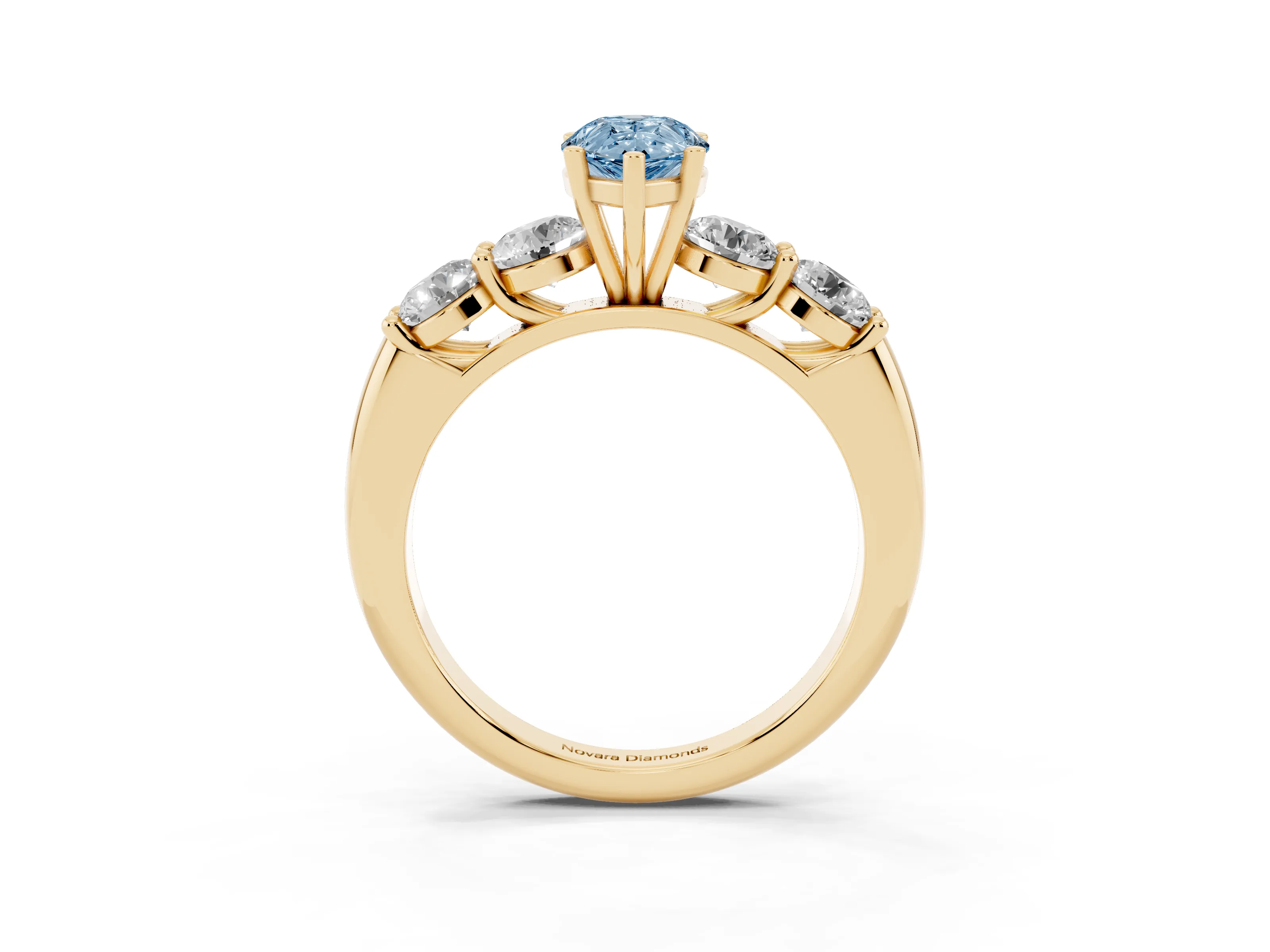 Fancy Blue Pear Cut Diamond Five-Stone Prong Set Ring Set in Yellow gold with Classic Band