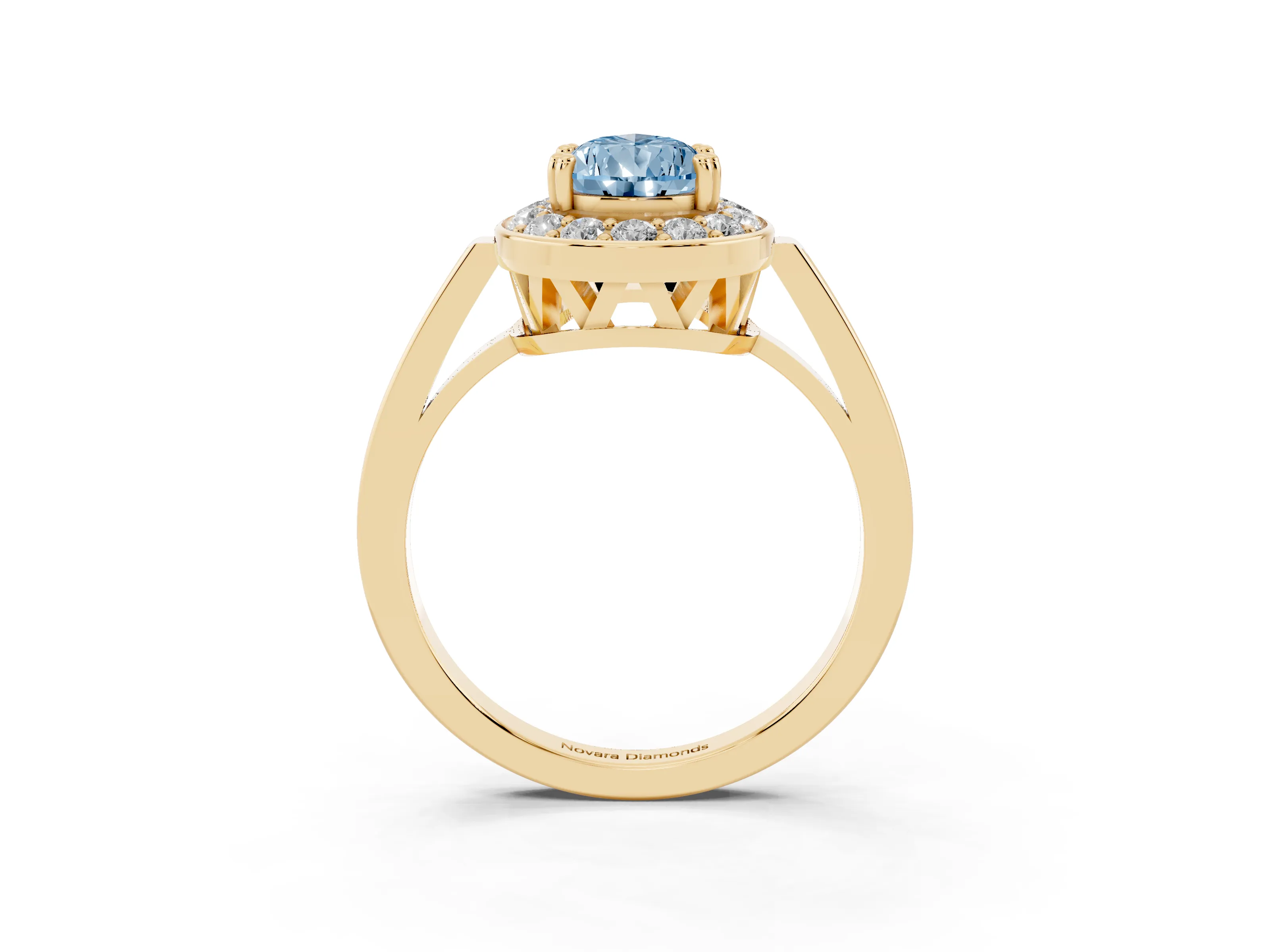 Fancy Blue Pear Cut Diamond Halo Ring Set in Yellow gold with Accent-Lined Split Shank and Prong Setting