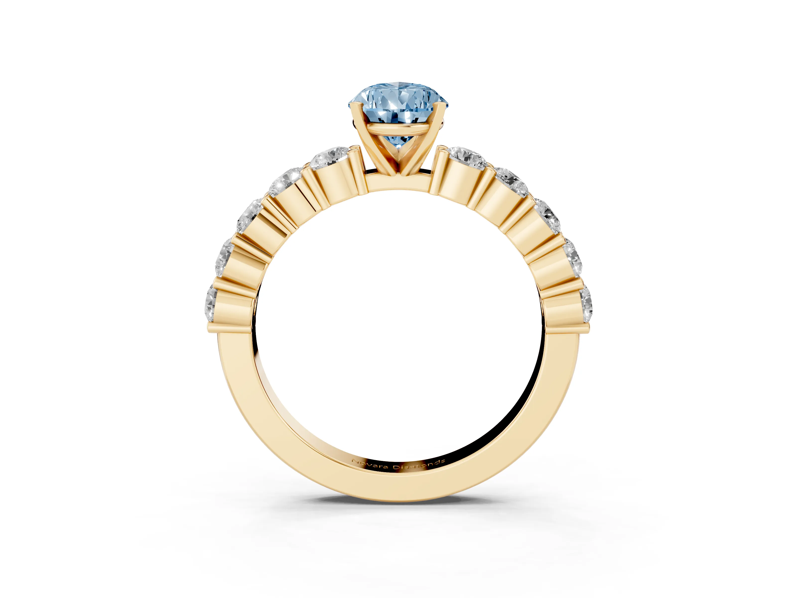 Fancy Blue Pear Cut Diamond Solitaire Ring Set in Yellow gold with Shared Prong Round Side Stones