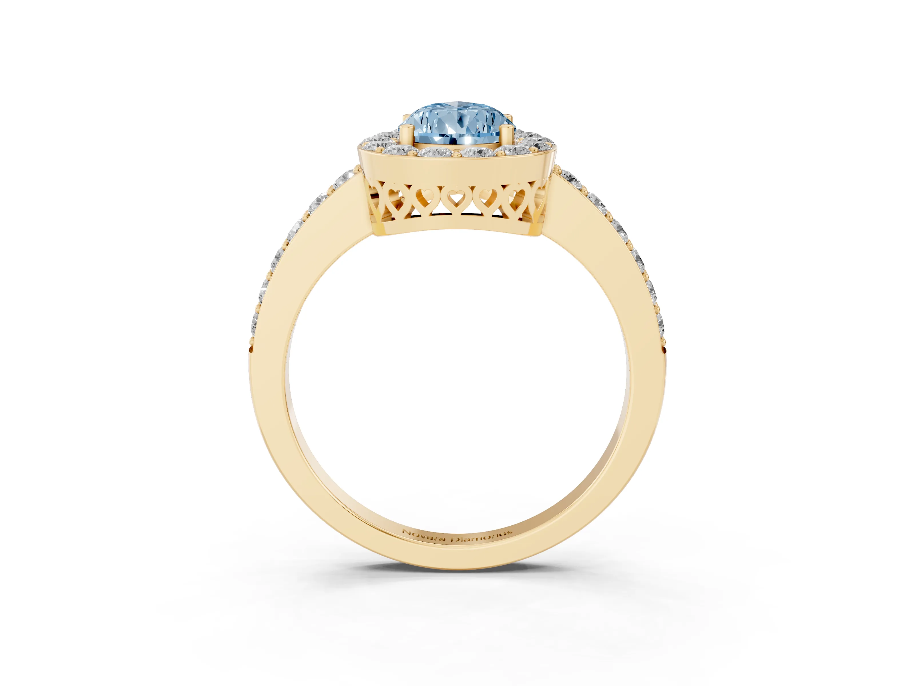 Fancy Blue Pear Cut Diamond Halo Ring Set in Yellow gold with Pavé-Setting Band and Open Prong Center