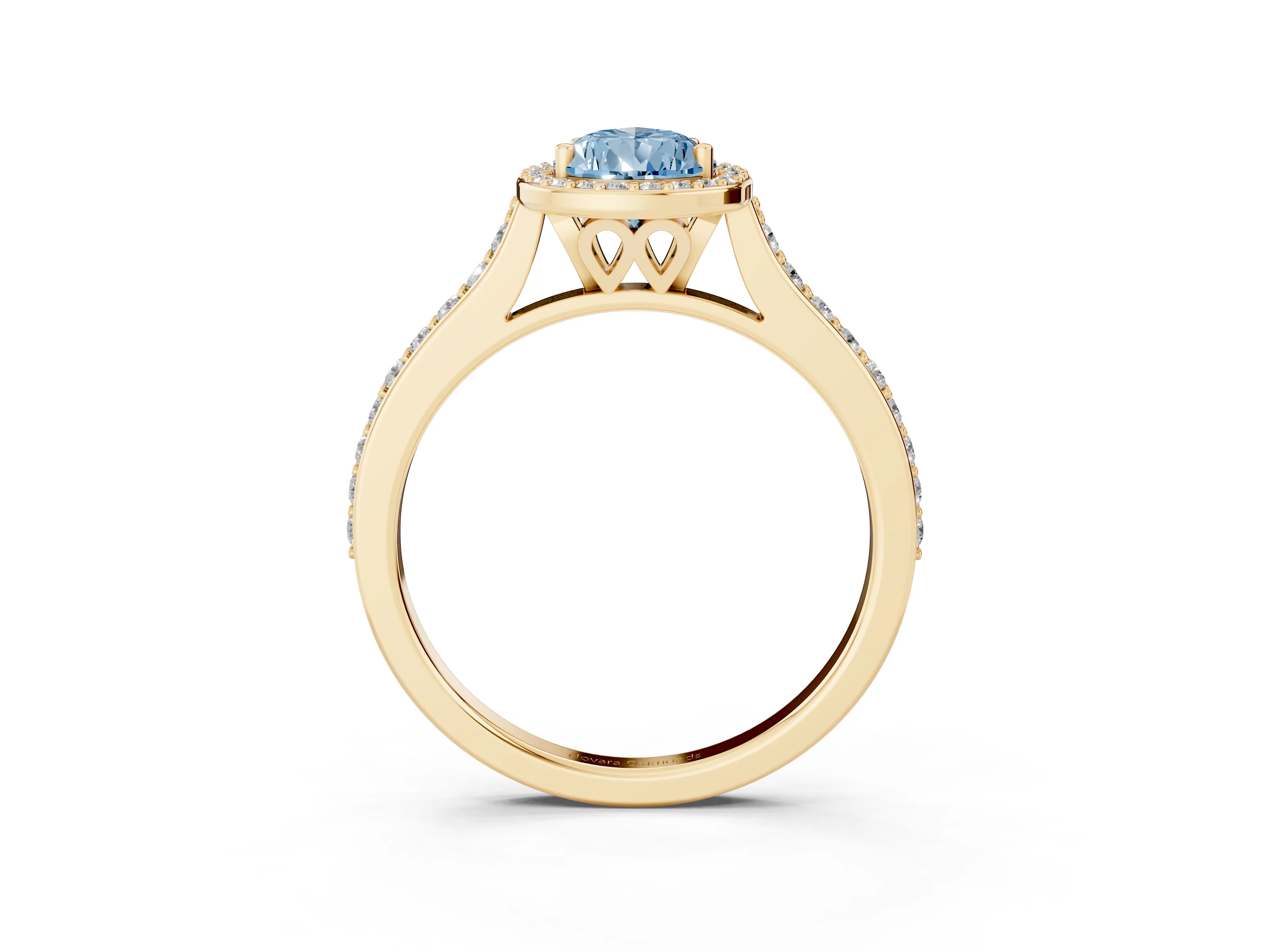 Fancy Blue Pear Cut Diamond Halo Engagement Ring Set in Yellow gold with Round Pavé Shoulders and Heart Gallery