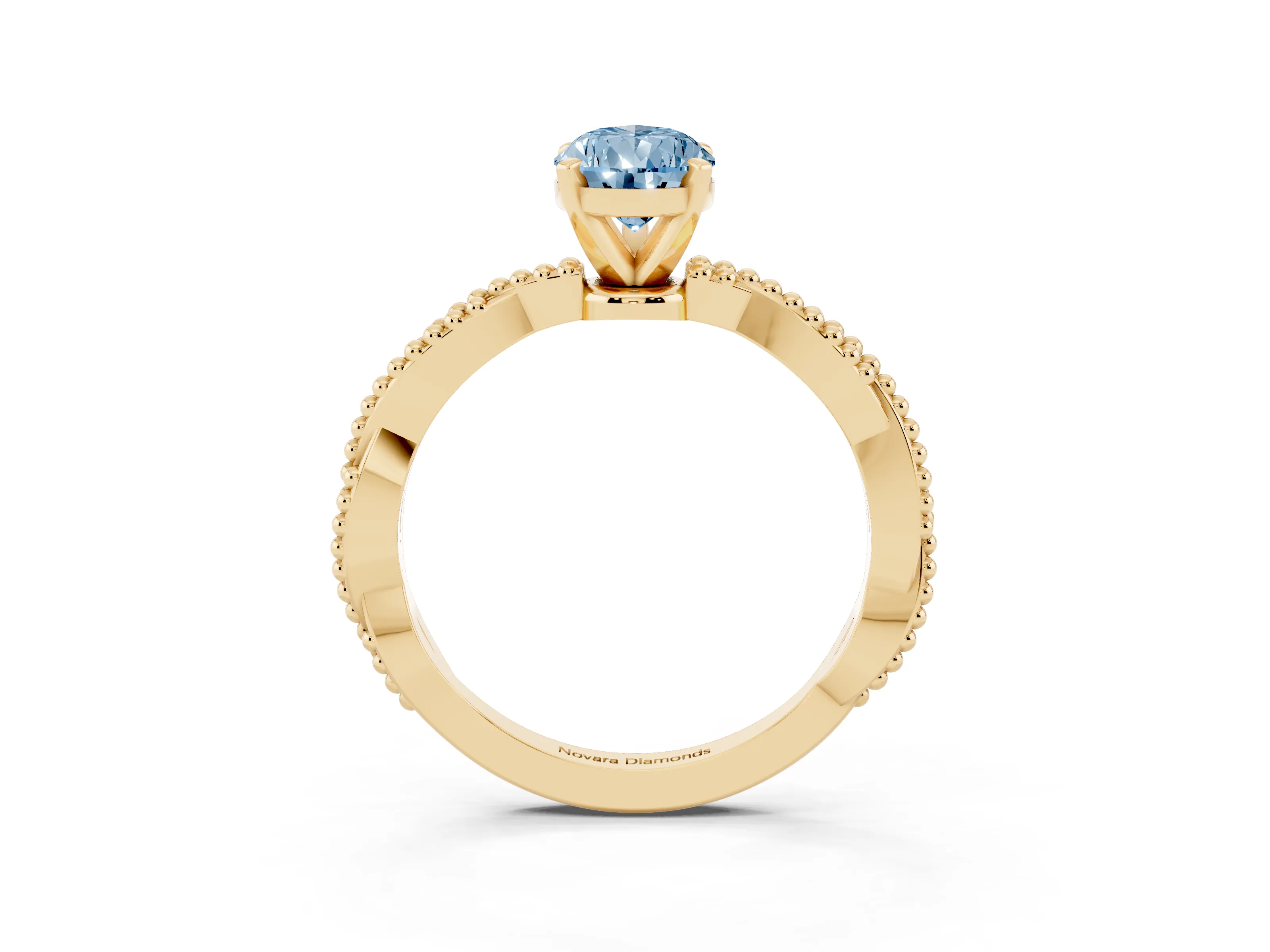 Fancy Blue Pear Cut Diamond Solitaire Ring Set in Yellow gold with Twisted Band and Bead Prong Setting