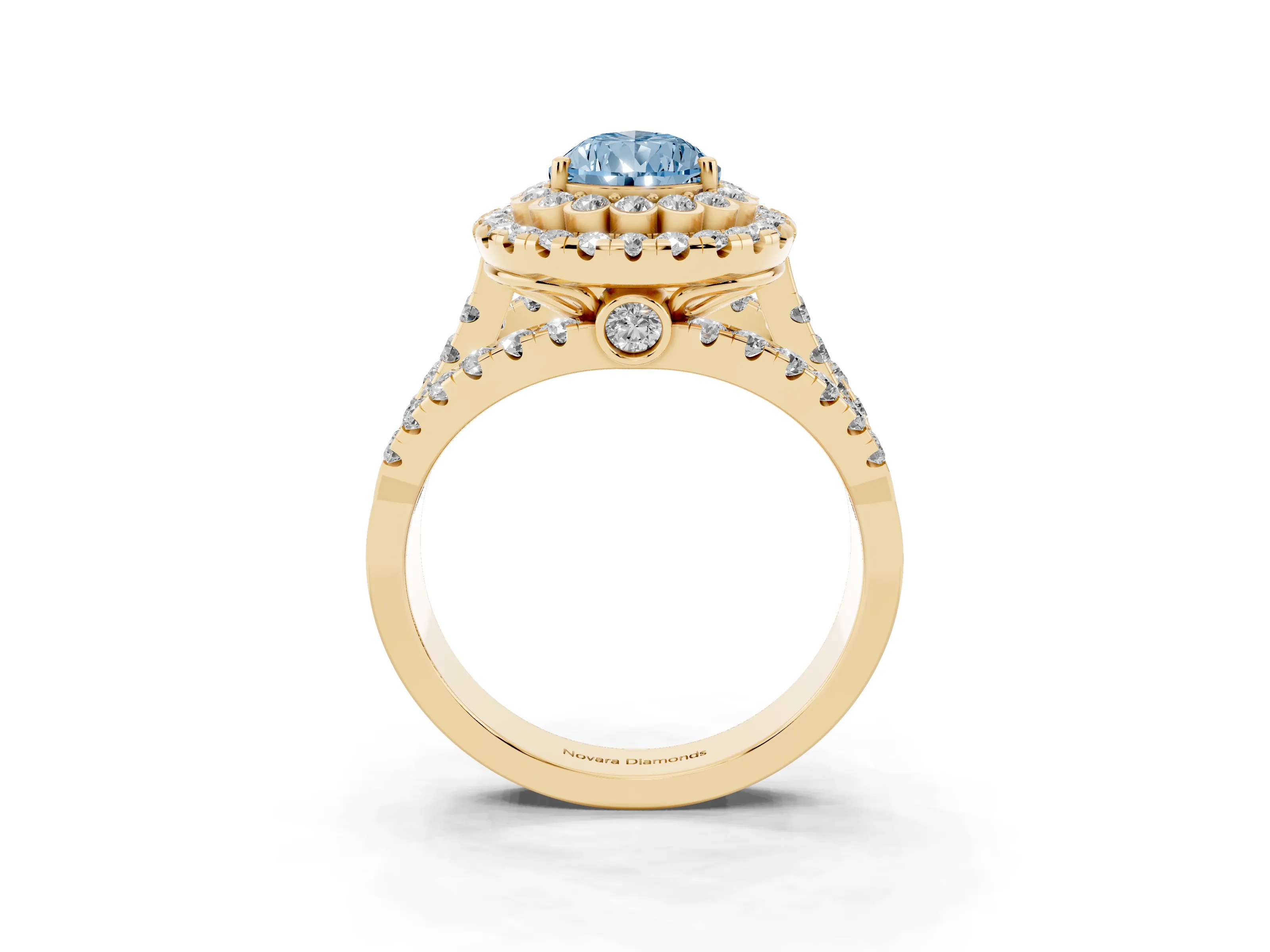 Fancy Blue Pear Cut Diamond Double Halo Ring Set in Yellow gold with Round Pavé Split Shank