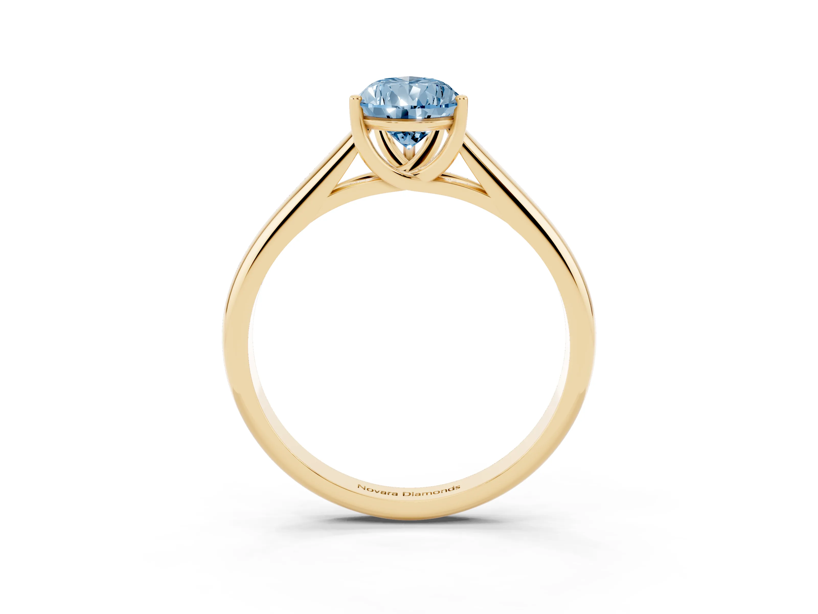 Fancy Blue Pear Cut Diamond Solitaire Engagement Ring Set in Yellow gold with Subtly Tapered Band and Prong Setting