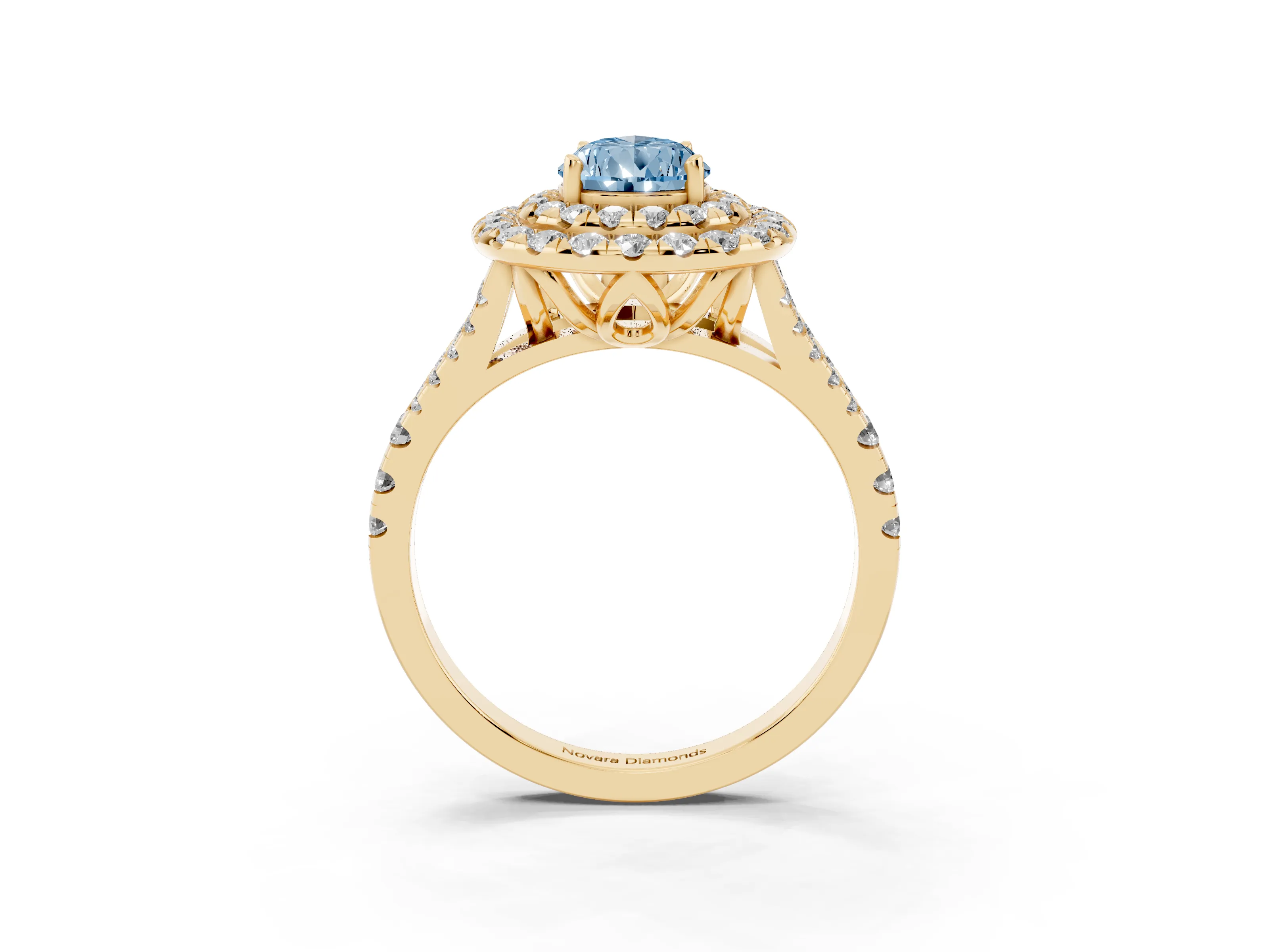 Fancy Blue Pear Cut Diamond Double Halo Ring Set in Yellow gold with Pavé Split Shank and Prong Setting