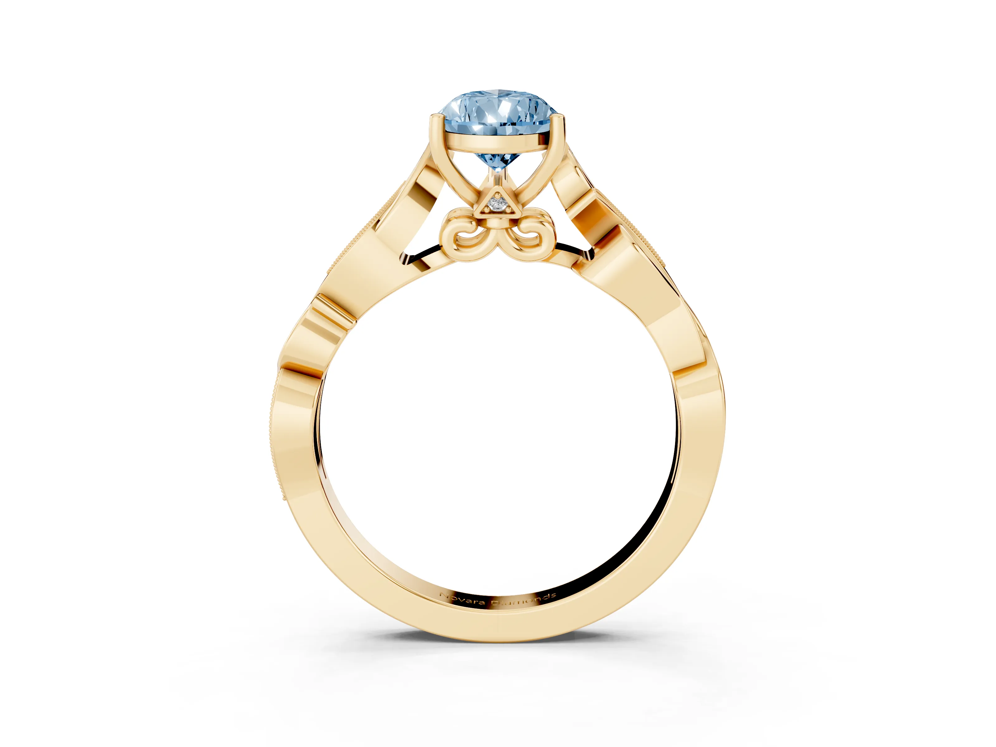 Fancy Blue Pear Cut Diamond Vine Band Solitaire Ring Set in Yellow gold with Milgrain Prong Setting