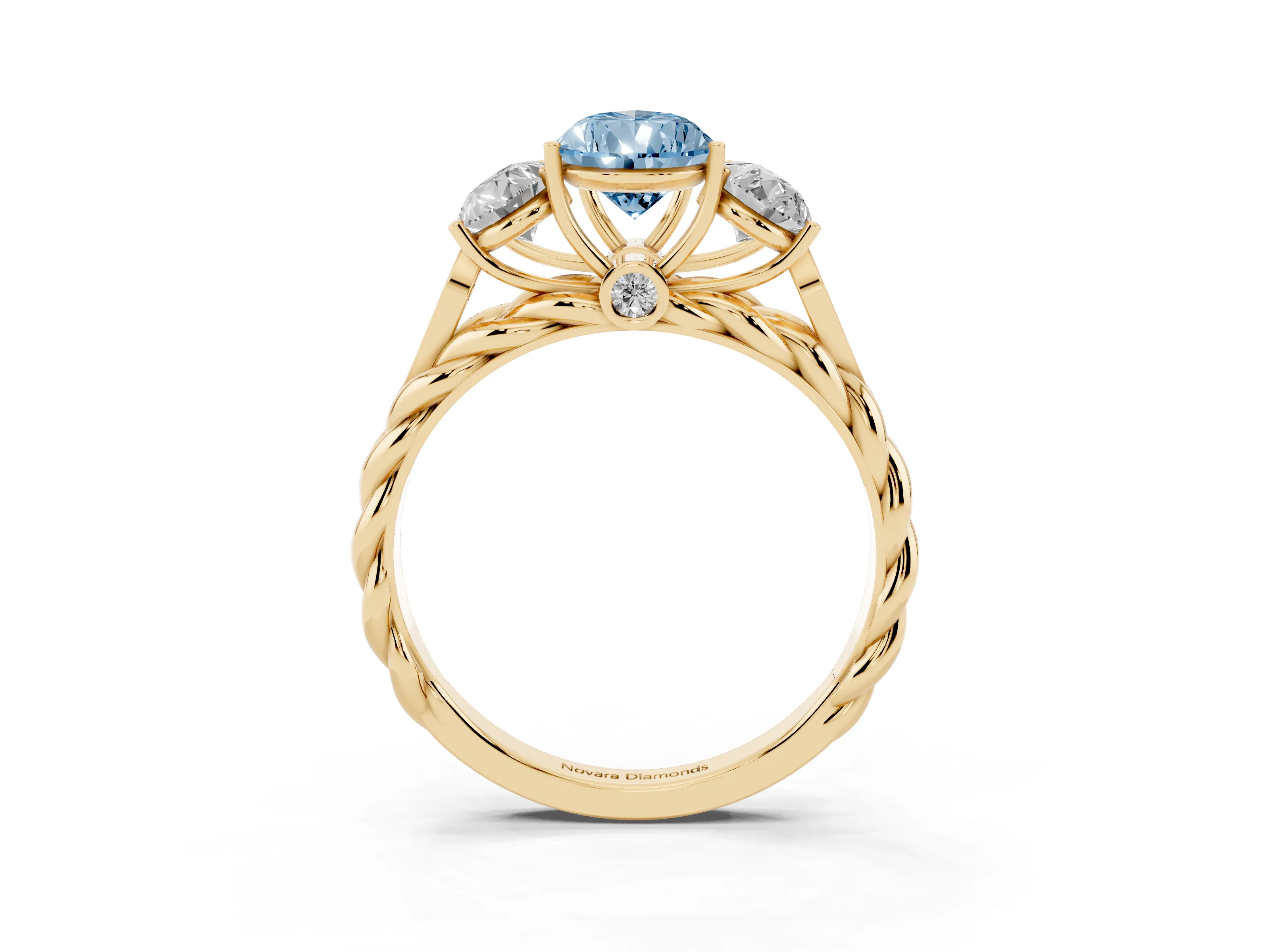 Fancy Blue Pear Cut Diamond Three-Stone Ring Set in Yellow gold with Braided Band