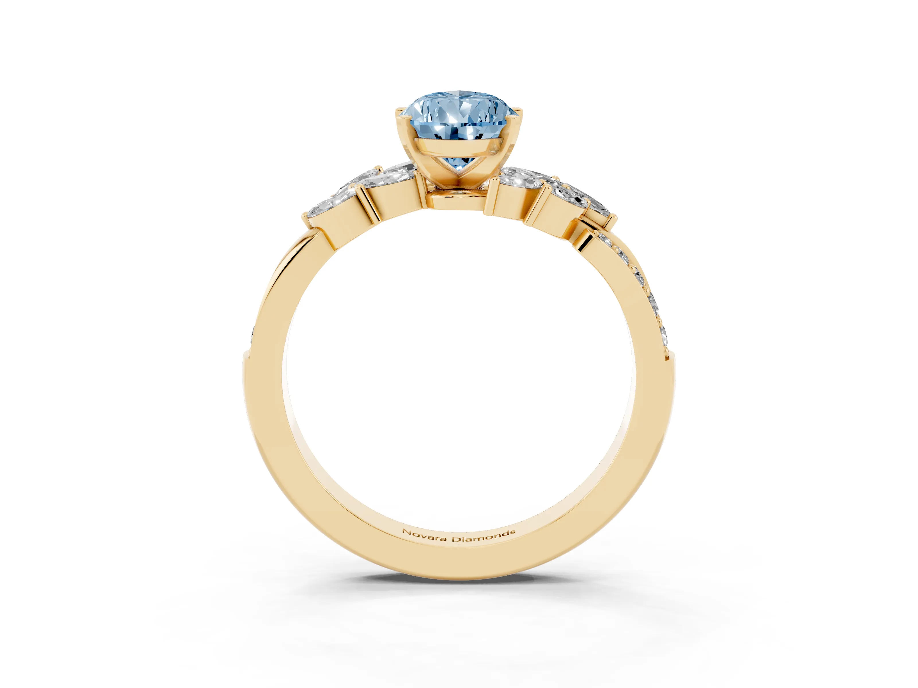 Fancy Blue Pear Cut Diamond Solitaire Ring Set in Yellow gold with Marquise Twist Band and Prong Setting