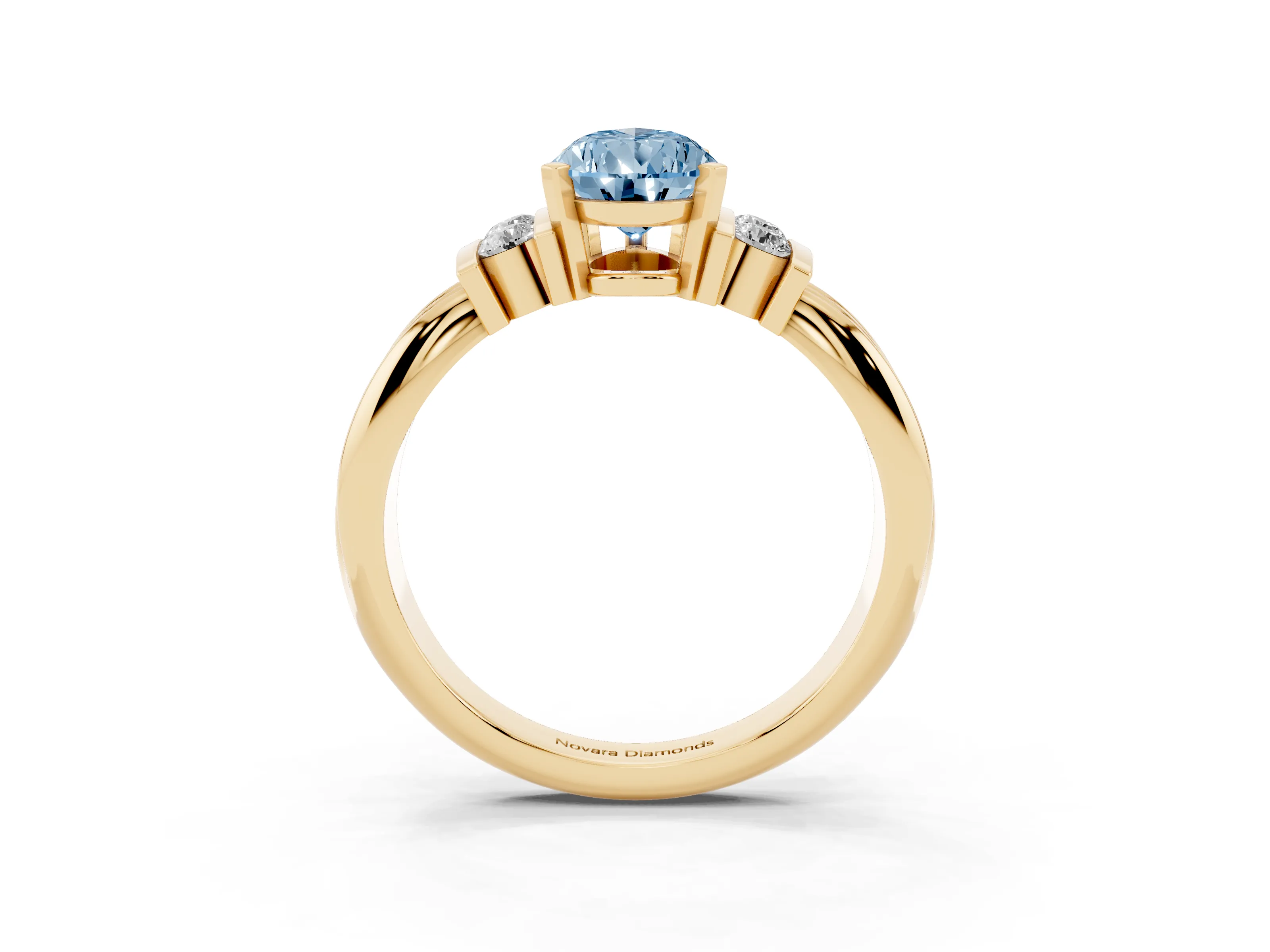 Fancy Blue Three-Stone Pear Cut Diamond Channel Set Ring Set in Yellow gold with Bar Prongs