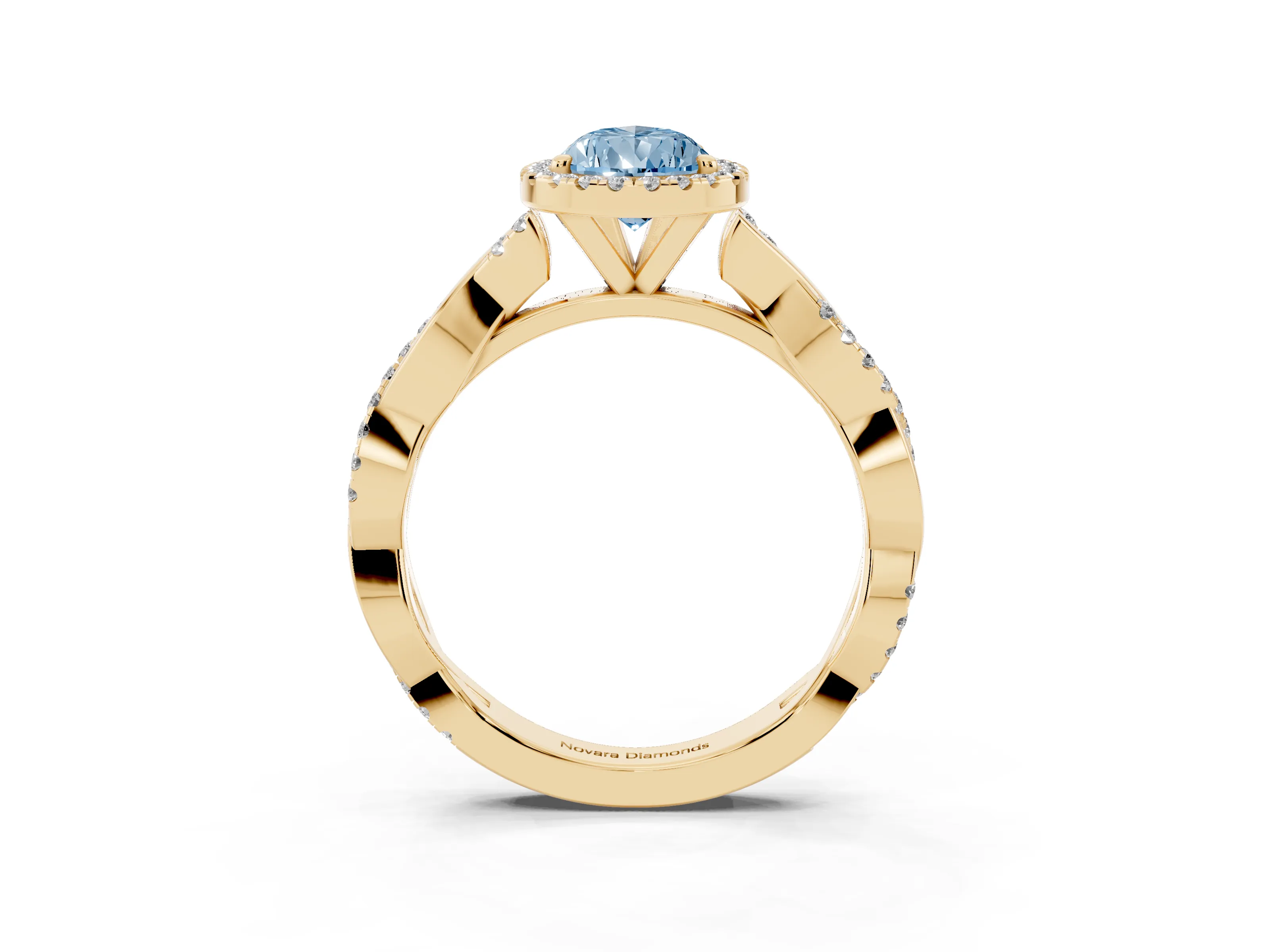 Fancy Blue Pear Cut Diamond Halo Twisted Band Ring Set in Yellow gold with Prong Setting