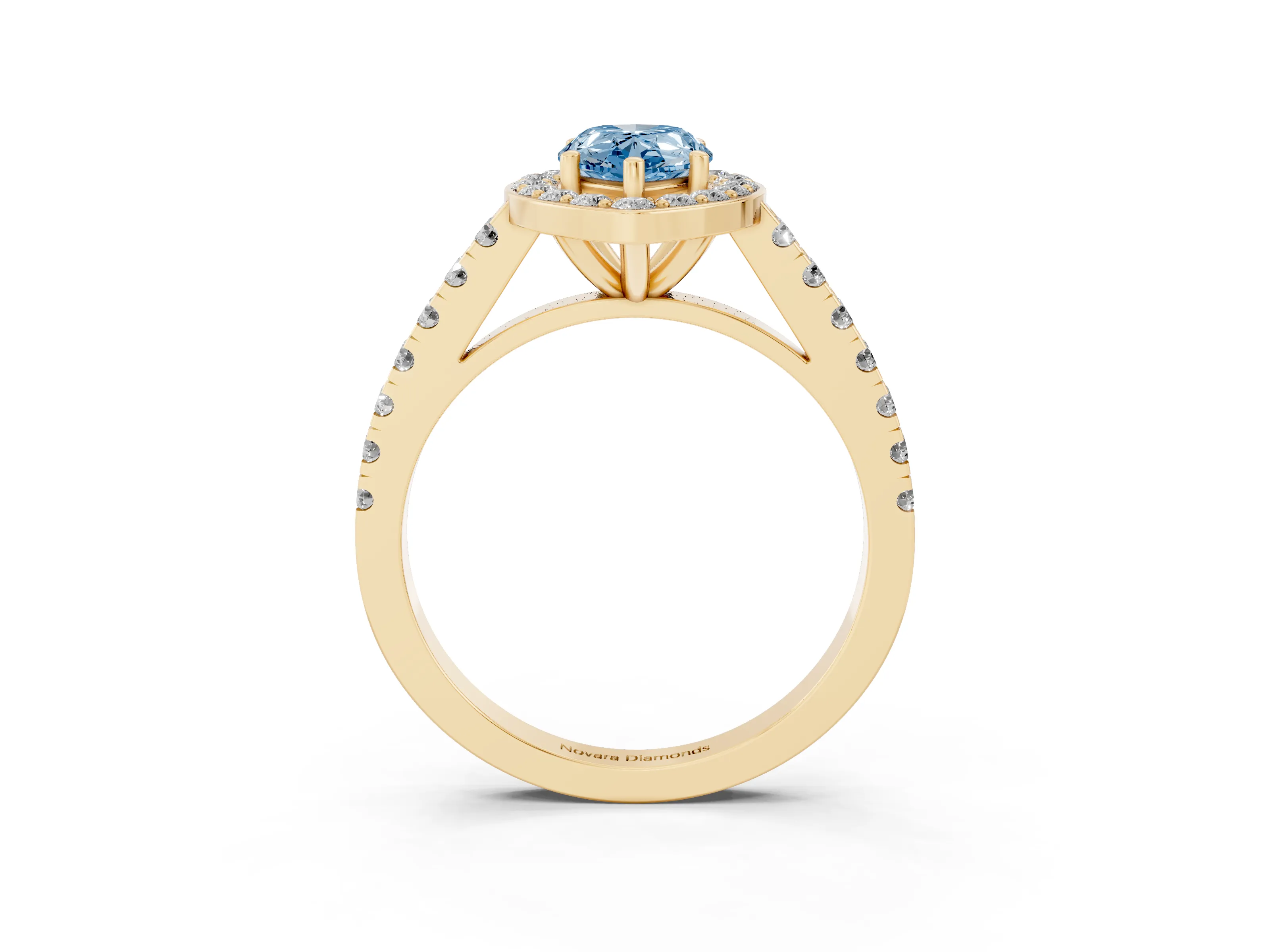 Fancy Blue Pear Cut Diamond Halo Ring Set in Yellow gold with Round Pavé Split Shank and Prong Setting