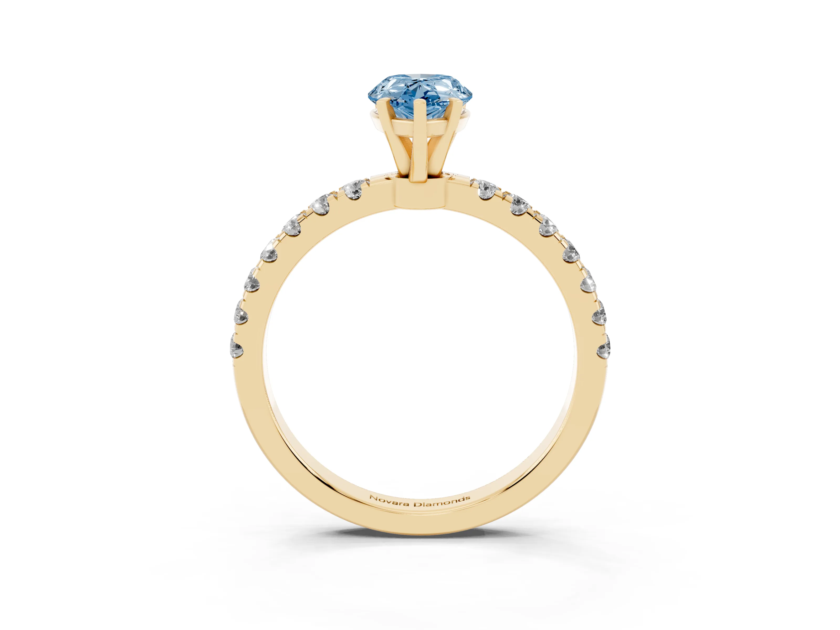 Fancy Blue Pear Cut Diamond Solitaire Ring Set in Yellow gold with Pavé Accents and Prong Setting