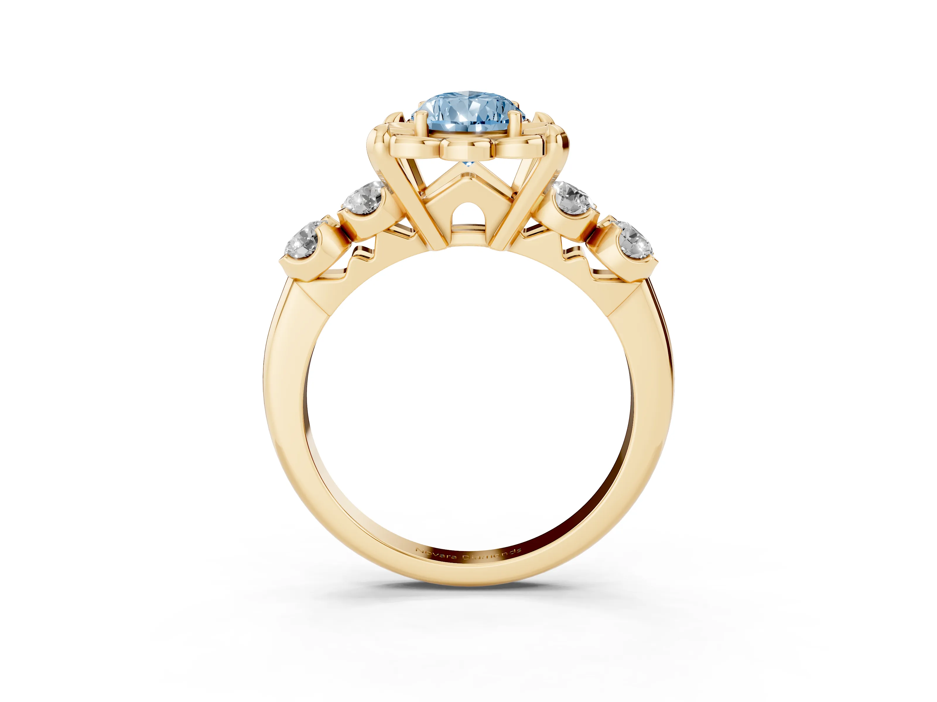 Fancy Blue Pear Cut Diamond Floral Halo Ring Set in Yellow gold with Shared Prong Band