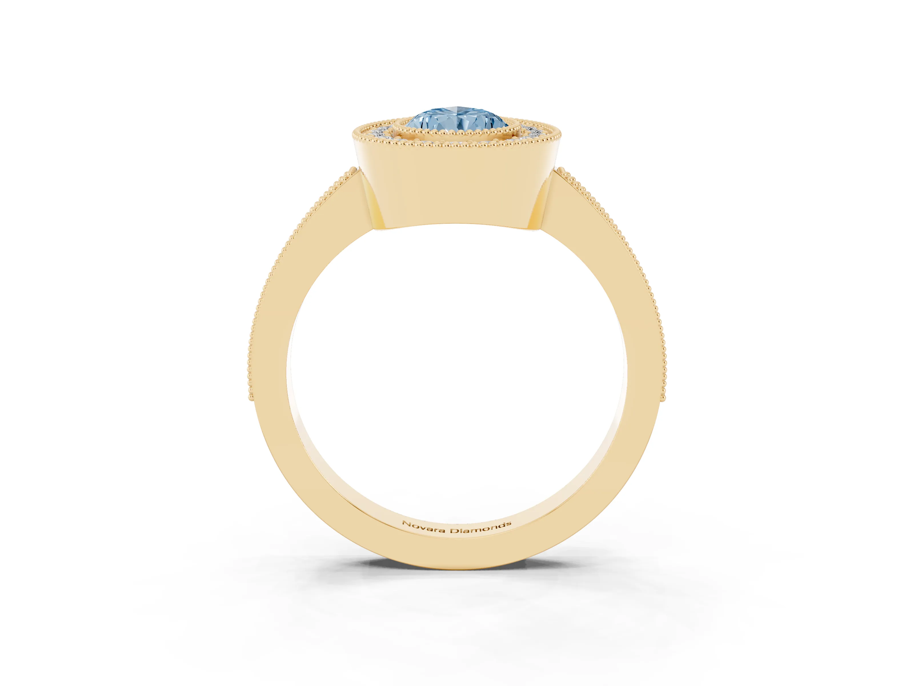 Fancy Blue Pear Cut Diamond Halo Engagement Ring Set in Yellow gold with Pavé Band and Round Halo Stones