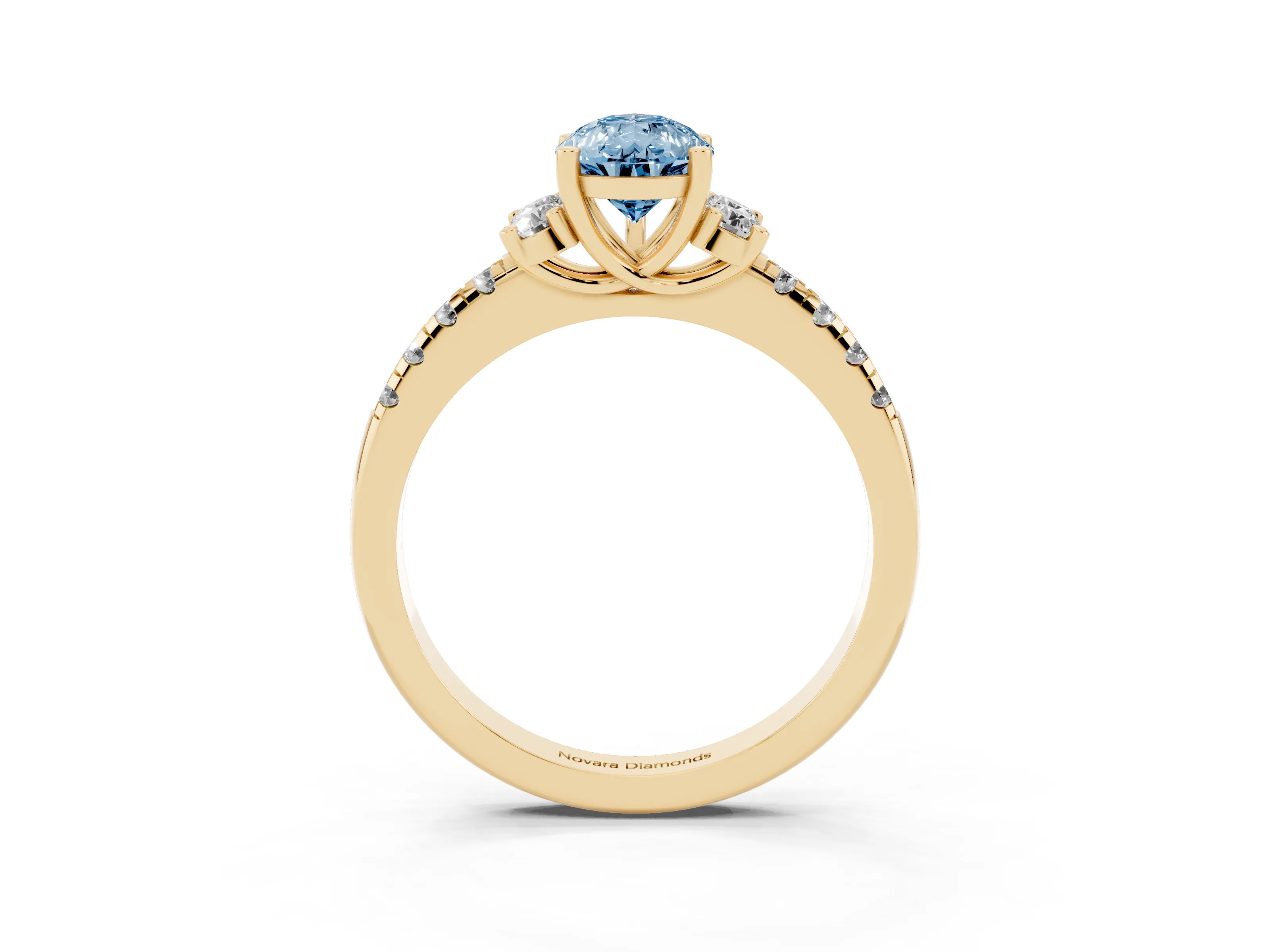 Fancy Blue Pear Cut Diamond Three-Stone Pavé Ring Set in Yellow gold with Prong Setting