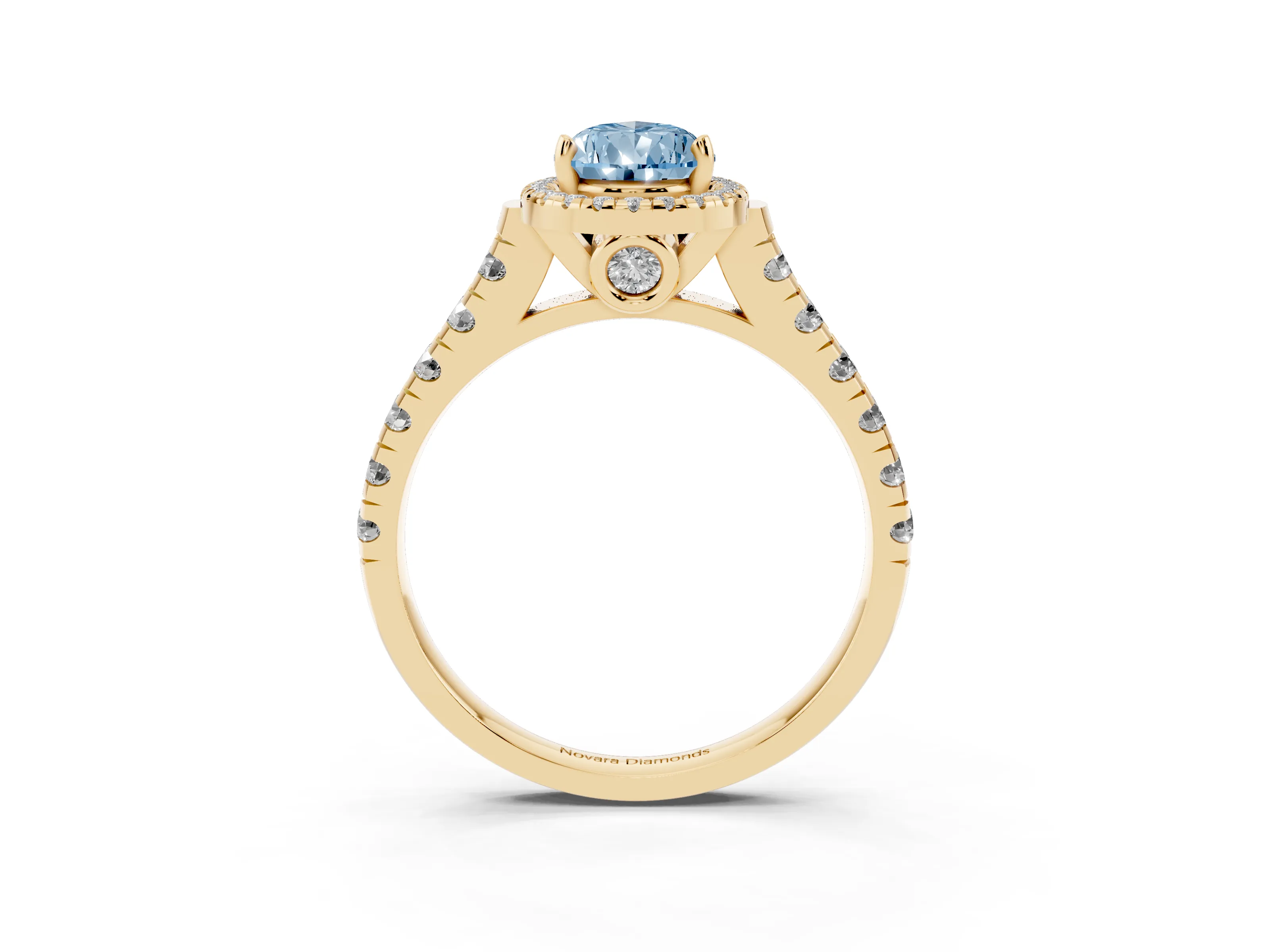 Fancy Blue Pear Cut Diamond Halo Engagement Ring Set in Yellow gold with Pavé Band and Prong-Set Center