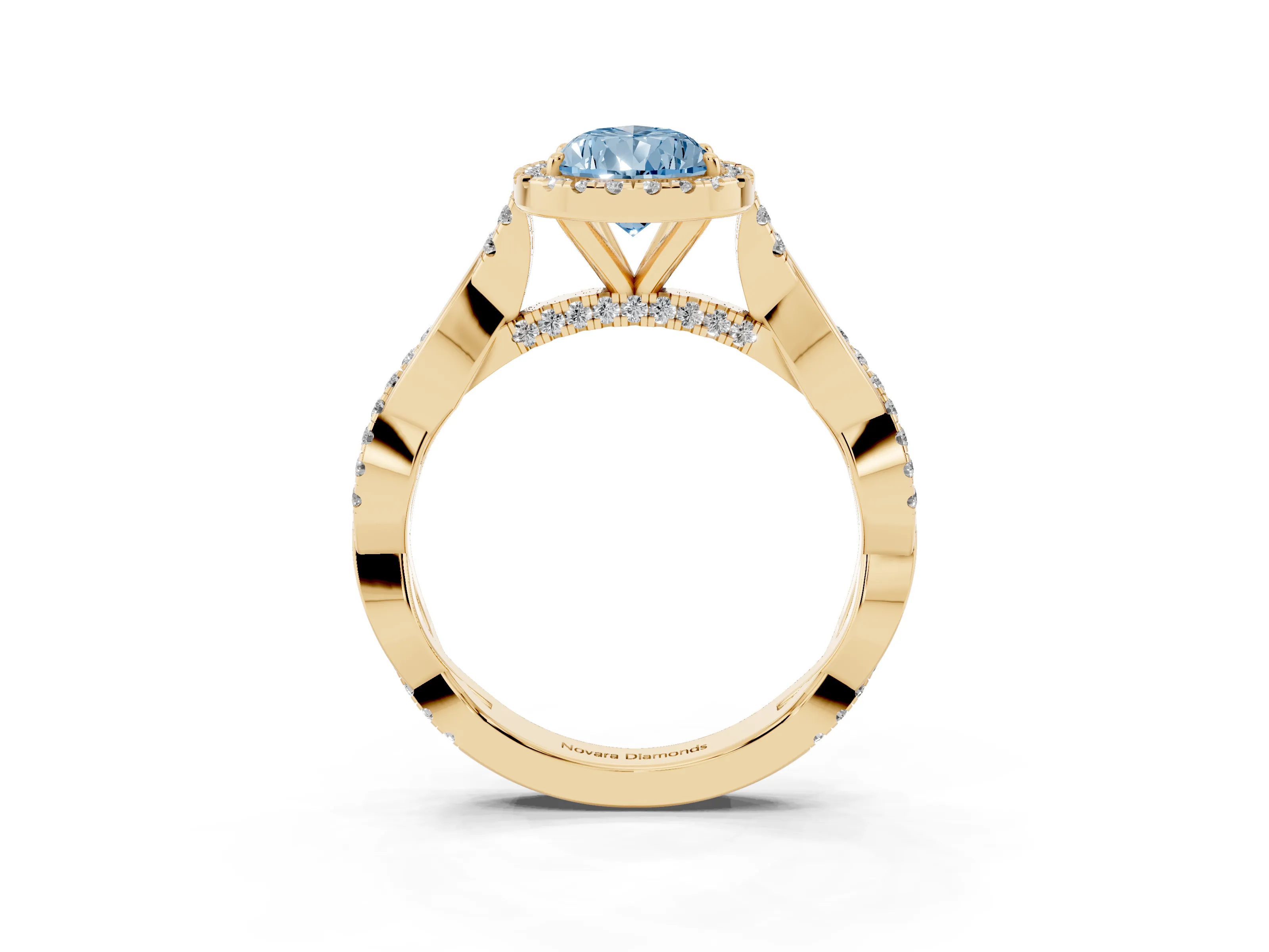 Fancy Blue Pear Cut Diamond Halo Twist Band Solitaire Ring Set in Yellow gold with Prong Setting