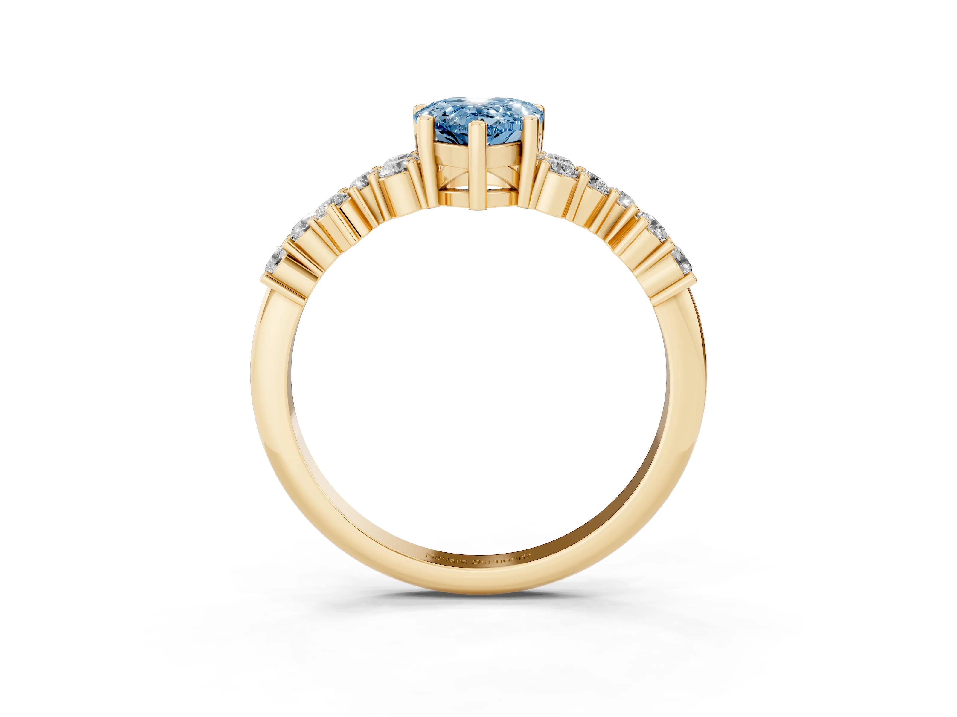 Fancy Blue Pear Cut Diamond Ring Set in Yellow gold with Scattered Round Accents