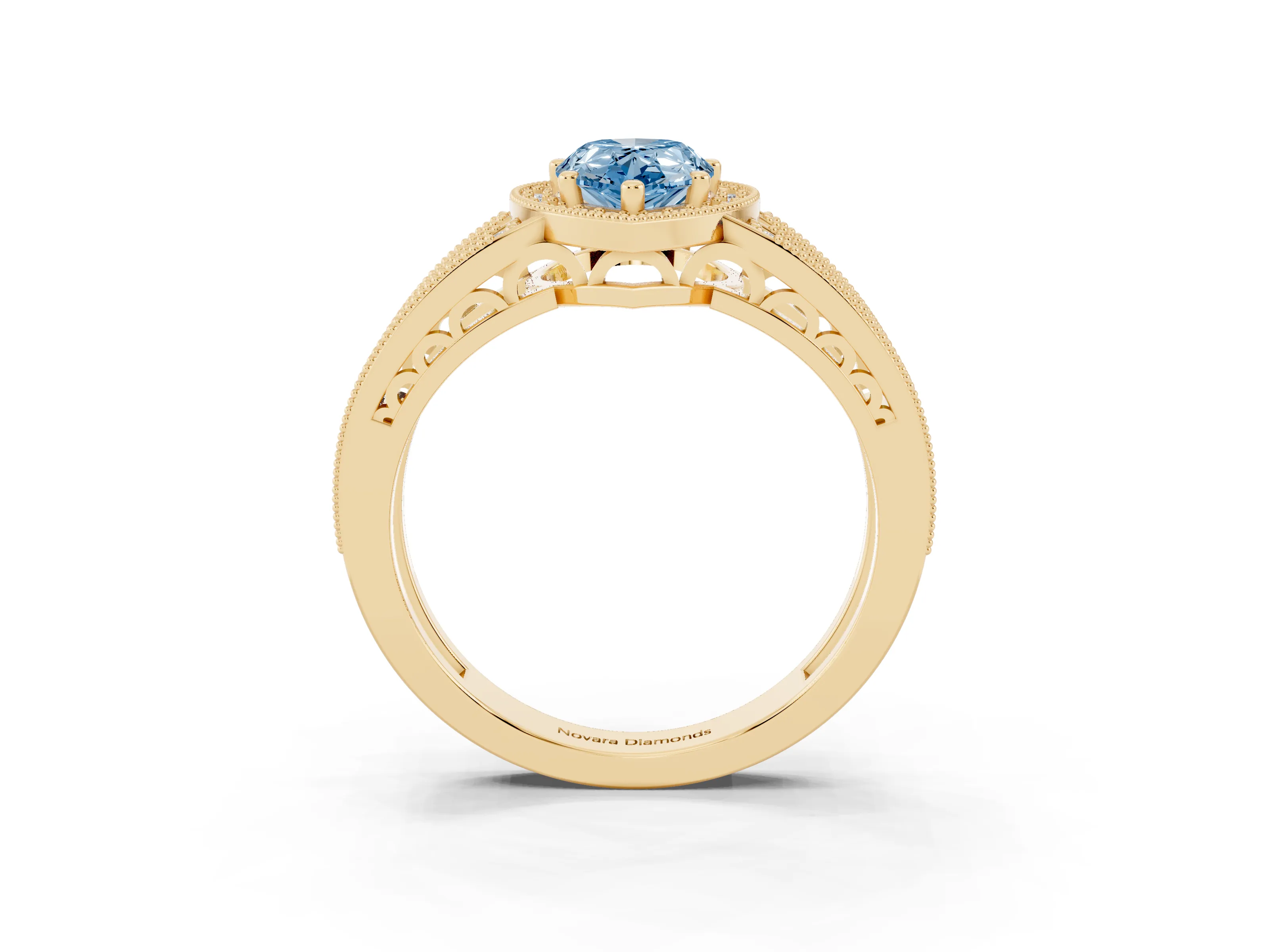 Fancy Blue Pear Cut Diamond Halo Ring Set in Yellow gold with Accent Split Shank and Prong Setting
