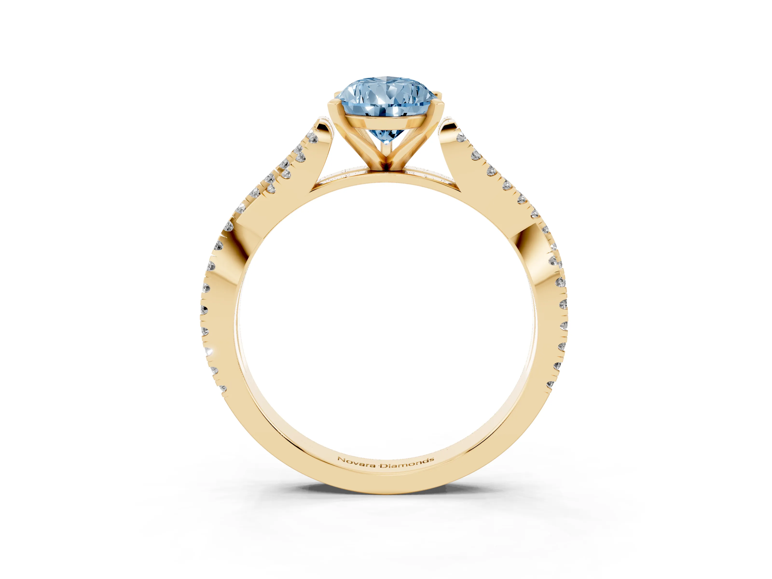 Fancy Blue Pear Cut Diamond Solitaire Engagement Ring Set in Yellow gold with Twisted Pavé Band and Prong Setting