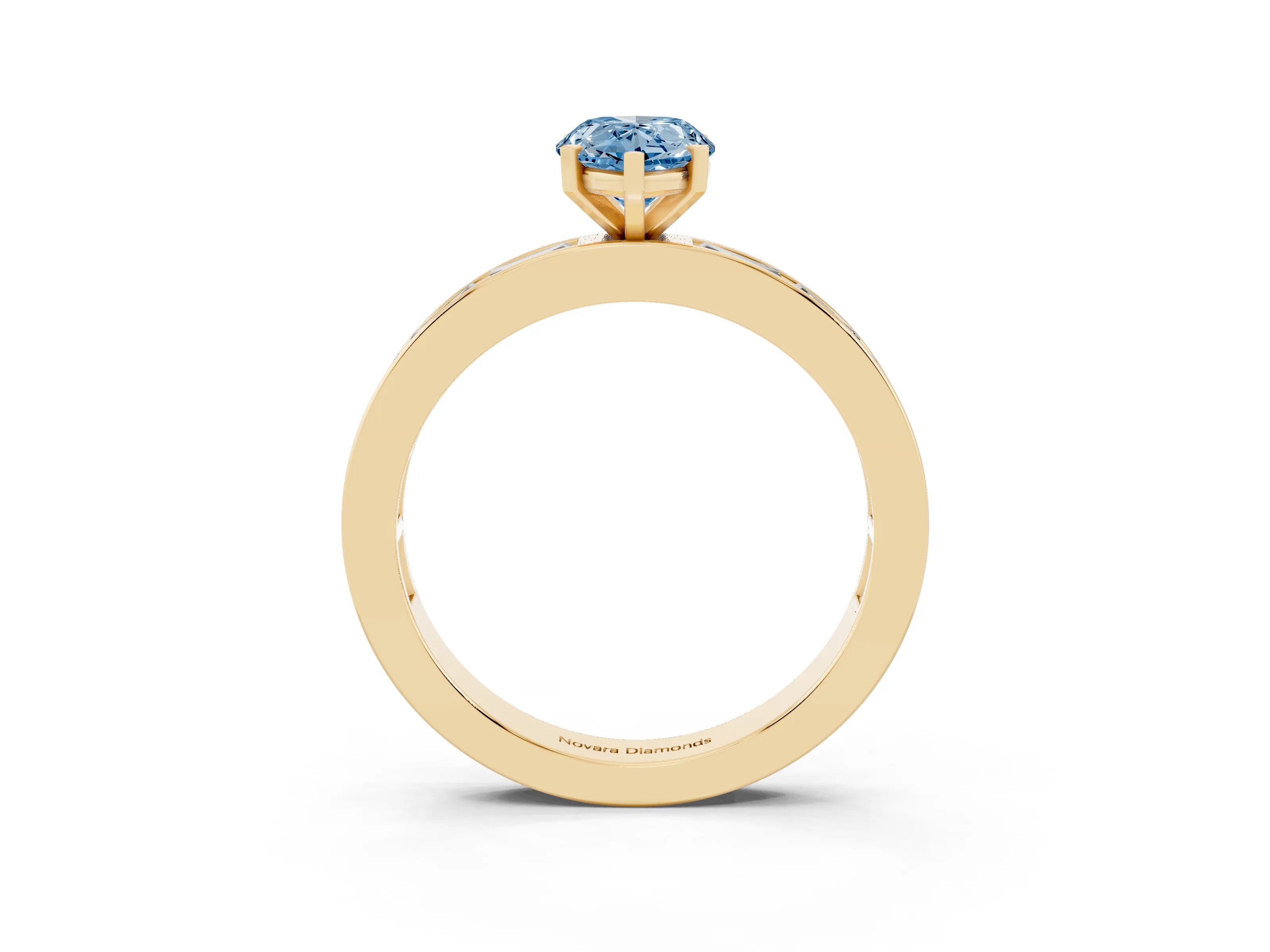 Fancy Blue Pear Cut Diamond Solitaire Ring Set in Yellow gold with Channel-Set Baguette Band and Prong Setting