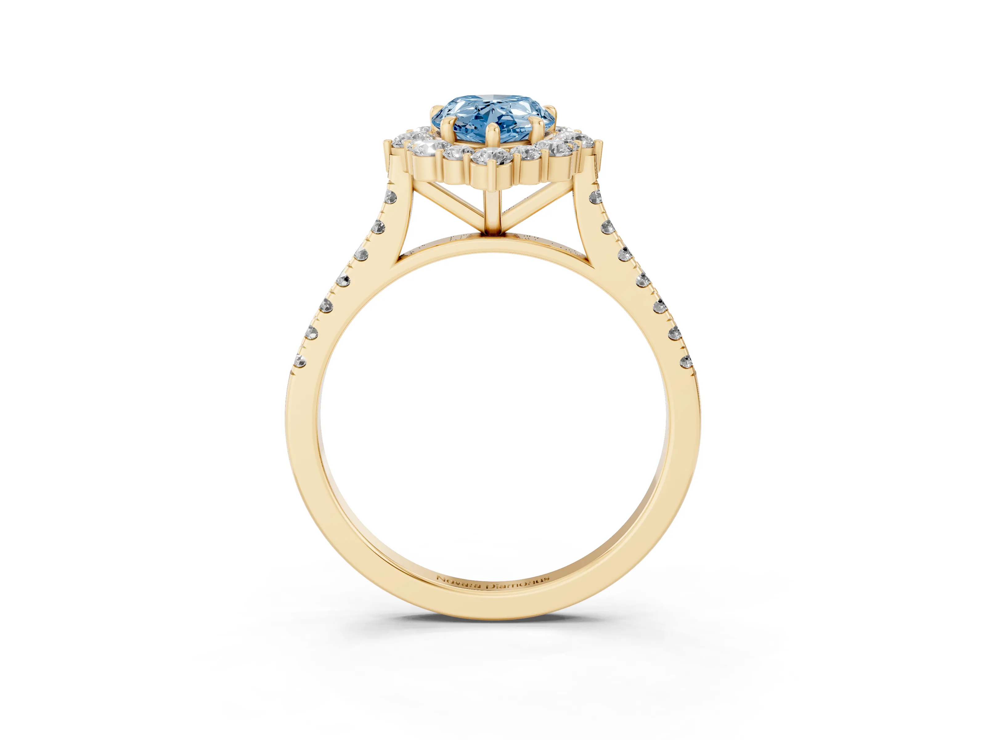 Fancy Blue Pear Cut Diamond Halo Ring Set in Yellow gold with Pavé Band and Prong Setting