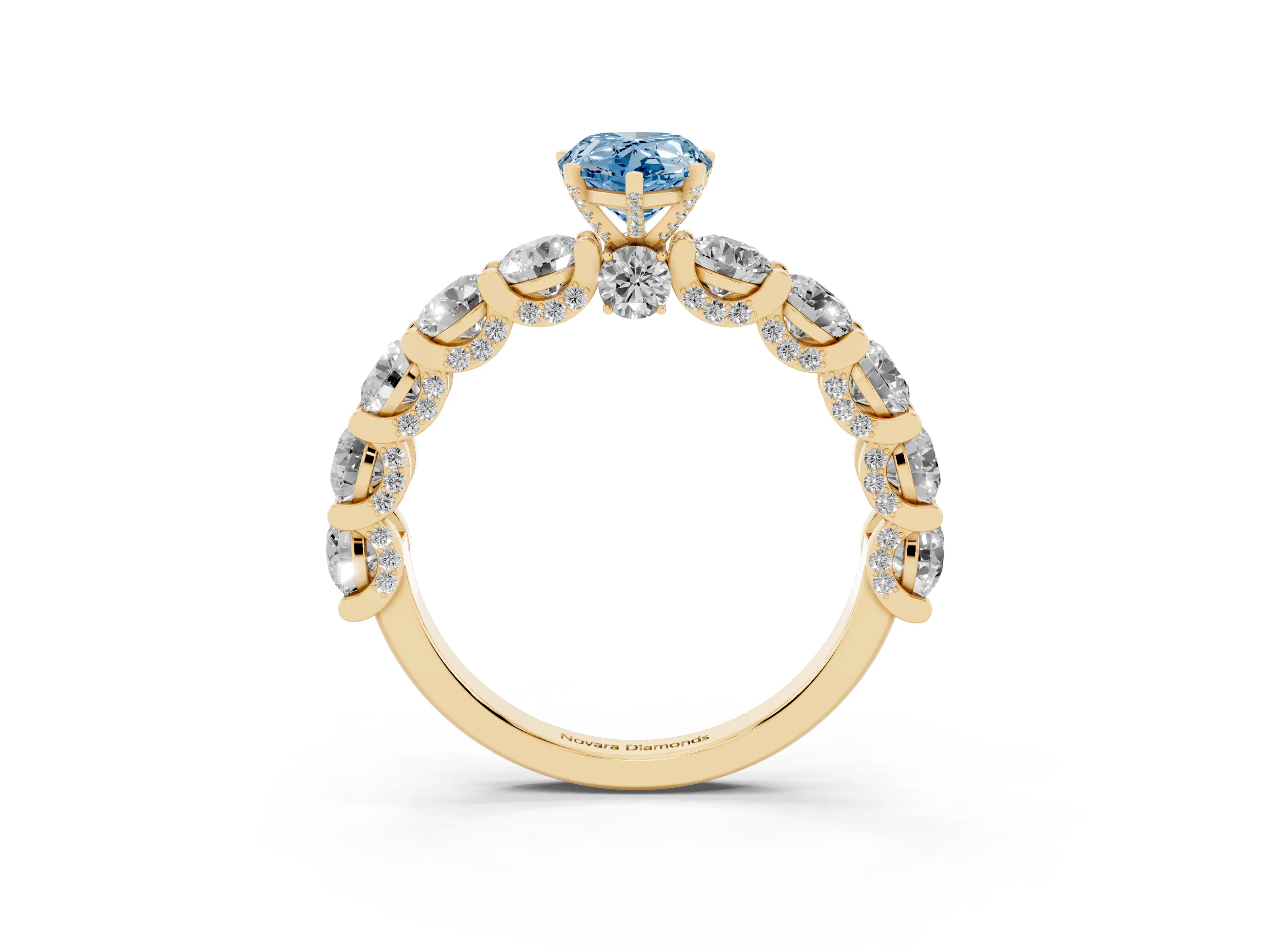 Fancy Blue Pear Cut Diamond Side Stone Ring Set in Yellow gold with Alternating Round and Oval Side Stones