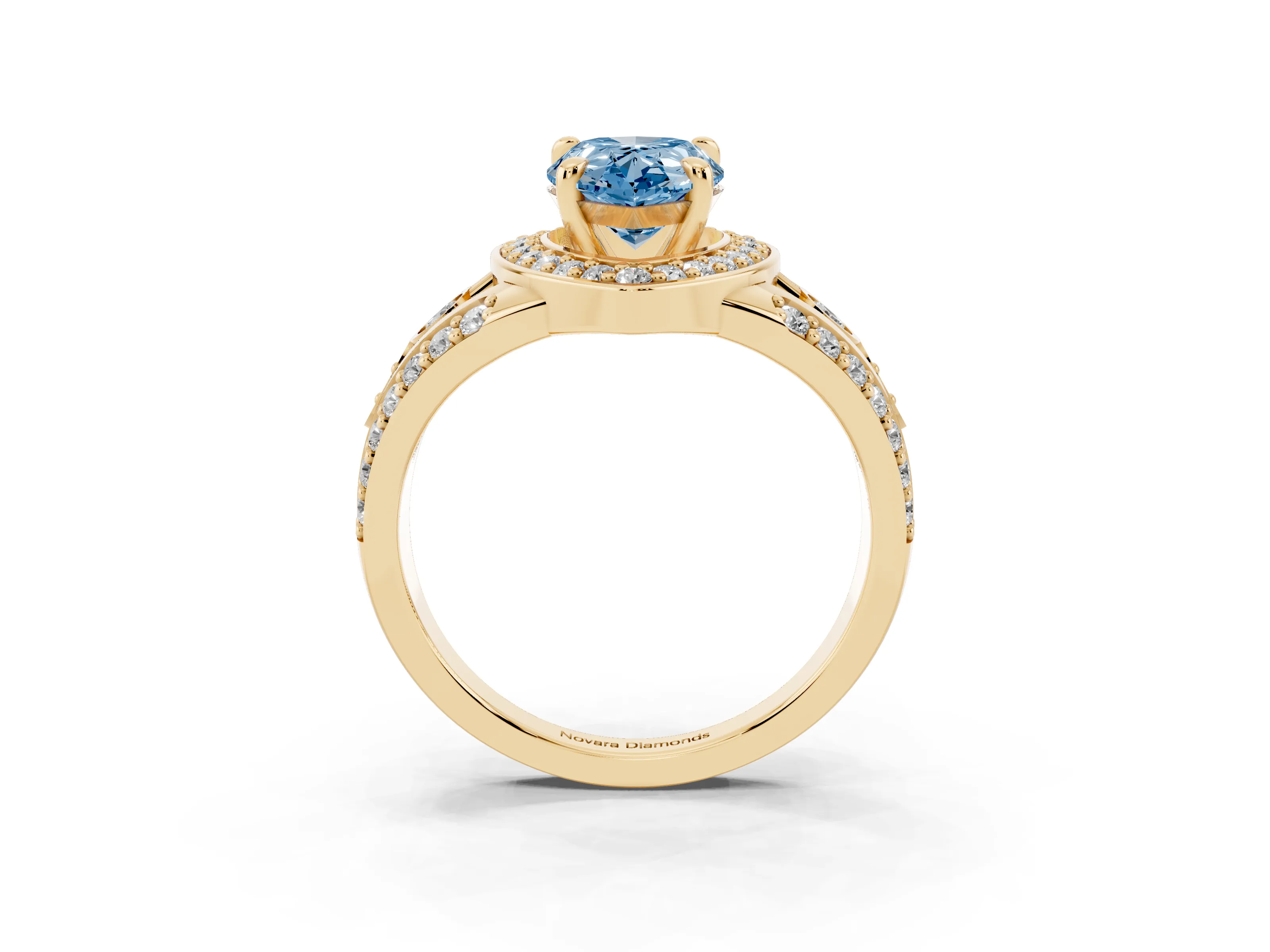 Fancy Blue Pear Cut Diamond Halo Ring Set in Yellow gold with Pavé Split Shank and Bezel Accents