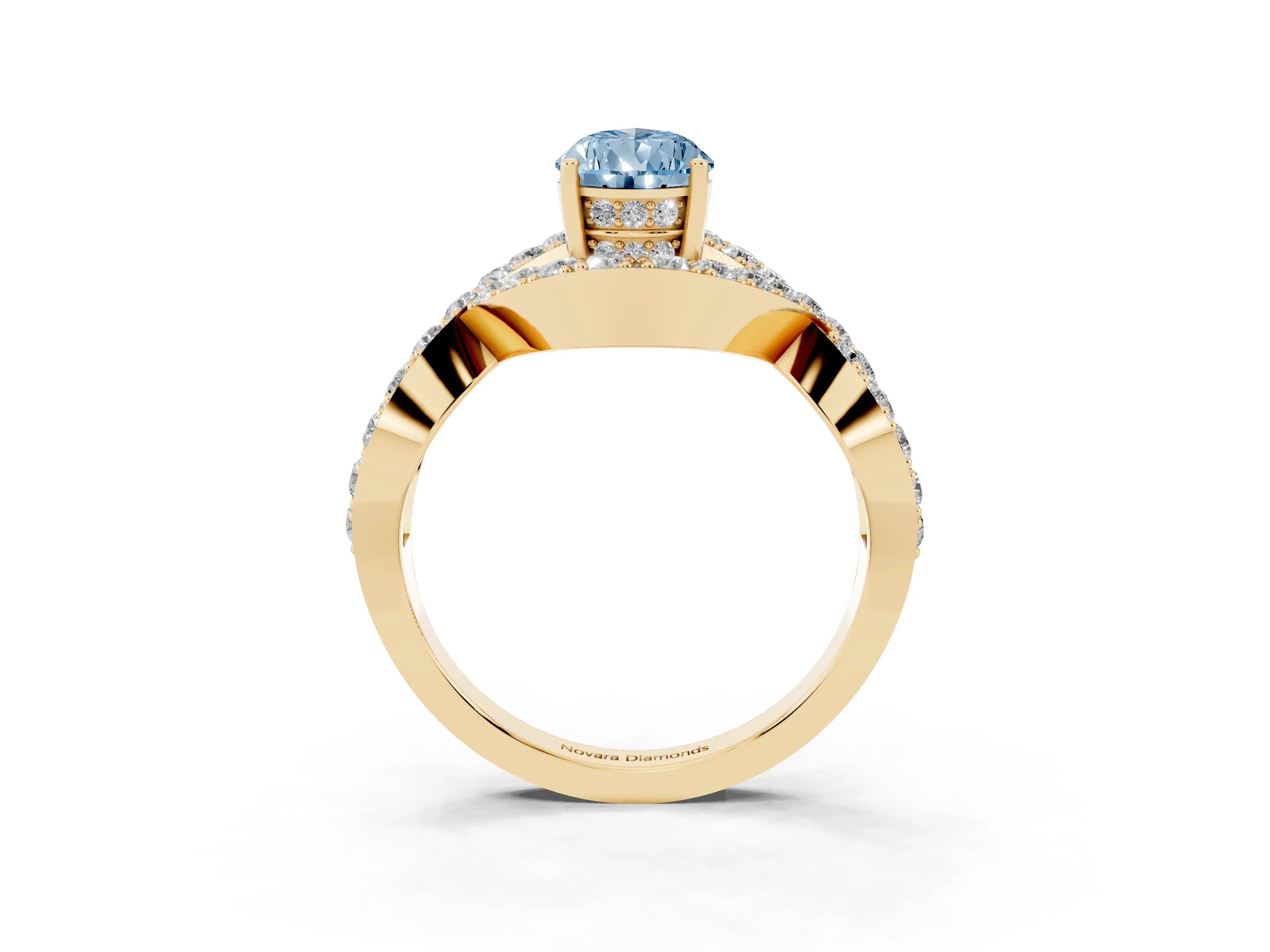 Fancy Blue Pear Cut Diamond Solitaire Twist Band Pavé Engagement Ring Set in Yellow gold