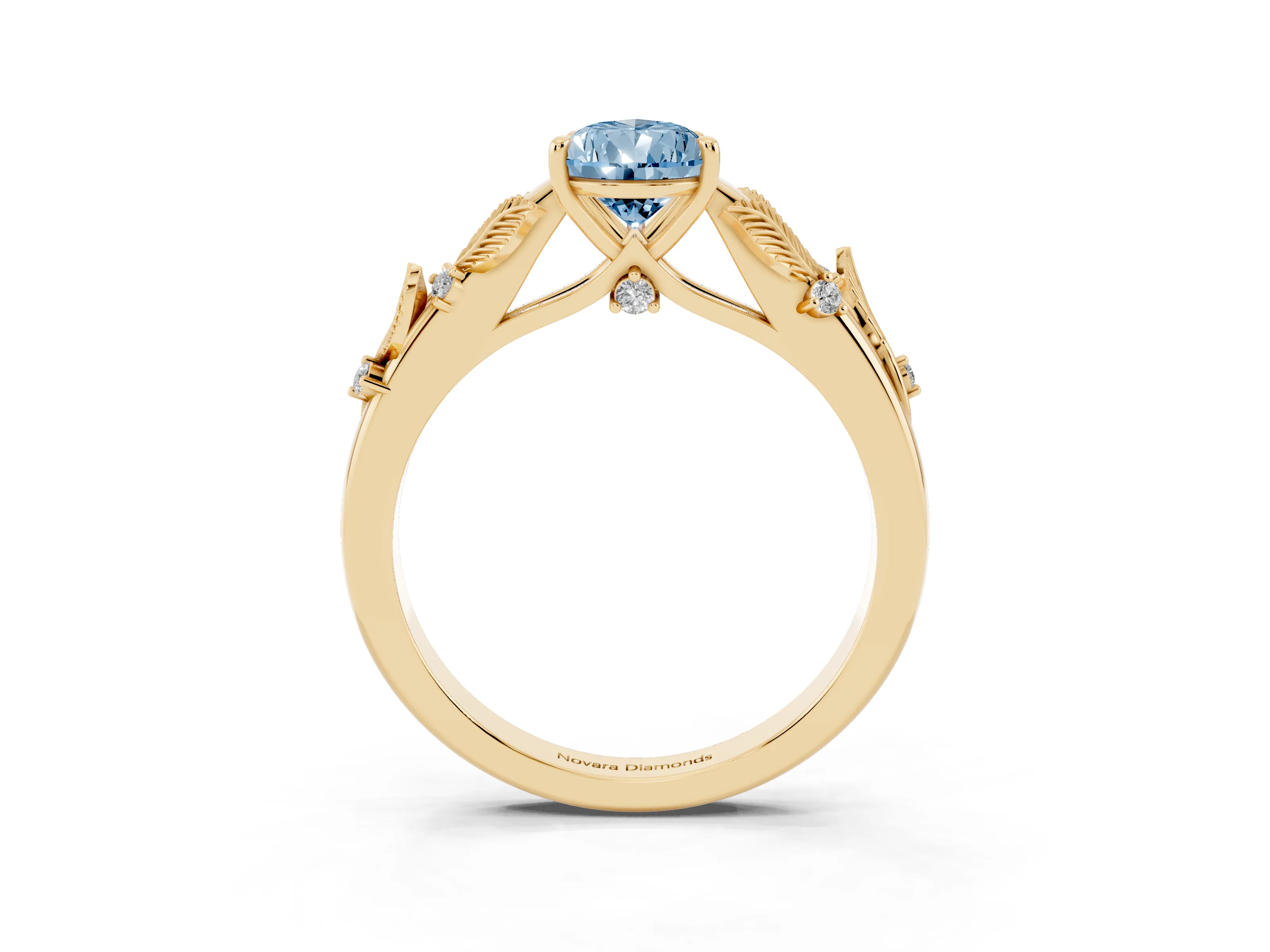Fancy Blue Pear Cut Diamond Solitaire Ring Set in Yellow gold with Leaf Motif Band