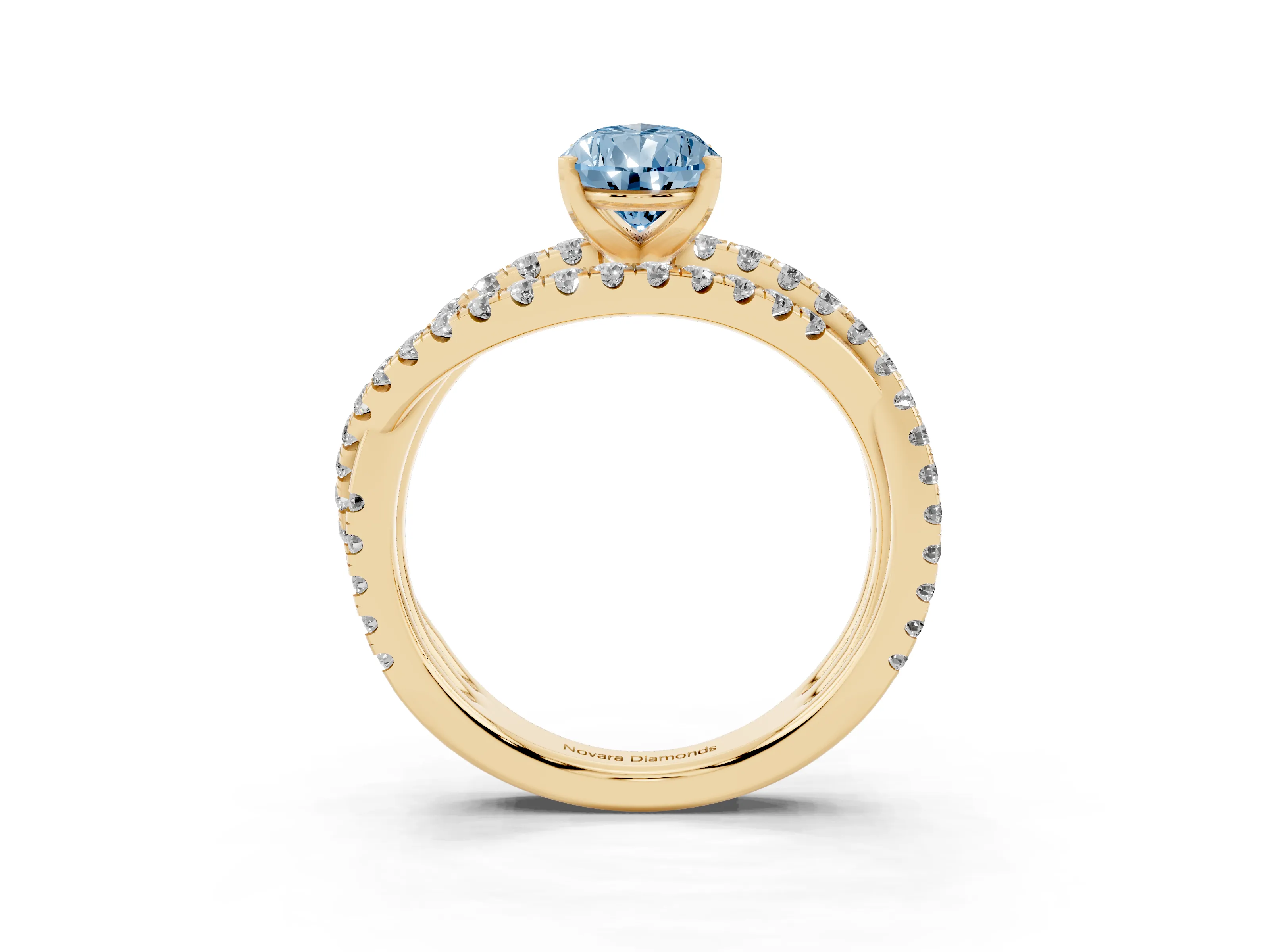 Fancy Blue Pear Cut Diamond Solitaire Twist Band Ring Set in Yellow gold with Pavé Setting and Prong Head