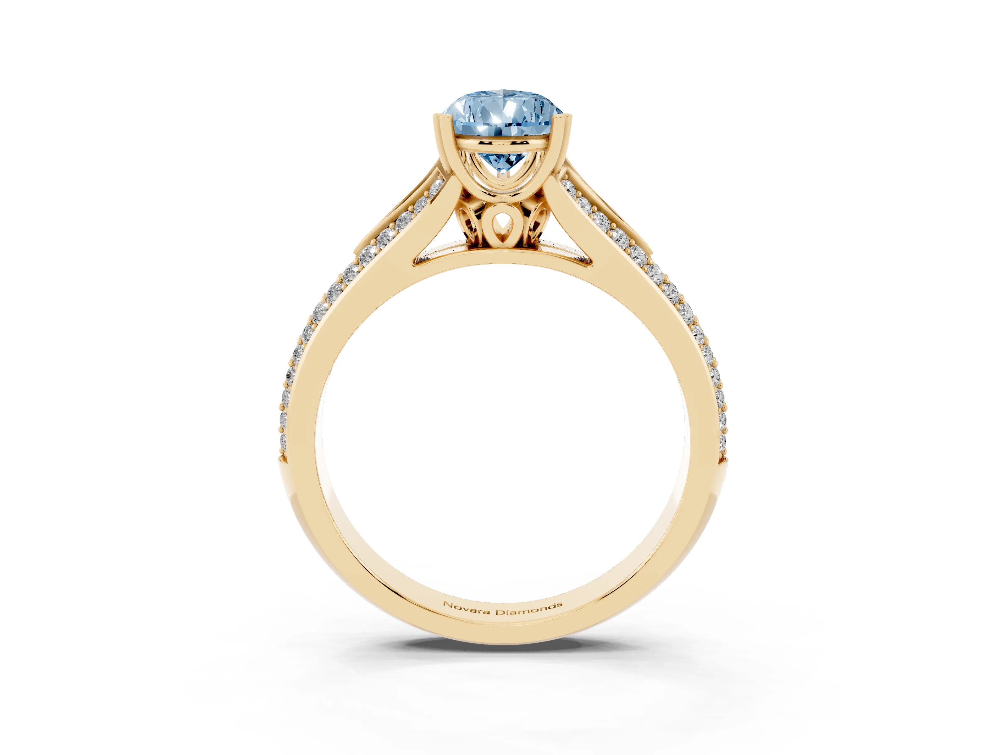 Fancy Blue Pear Cut Diamond Split Shank Pavé Engagement Ring Set in Yellow gold with Prong-Set Center Stone
