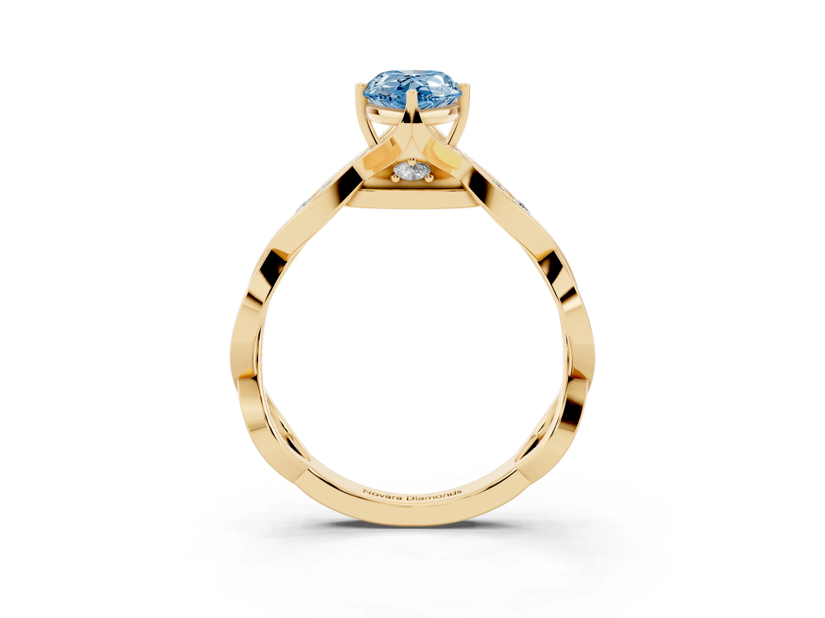Fancy Blue Pear Cut Diamond Twist Band Solitaire Ring Set in Yellow gold with Leaf Prong Setting and Accent Stones