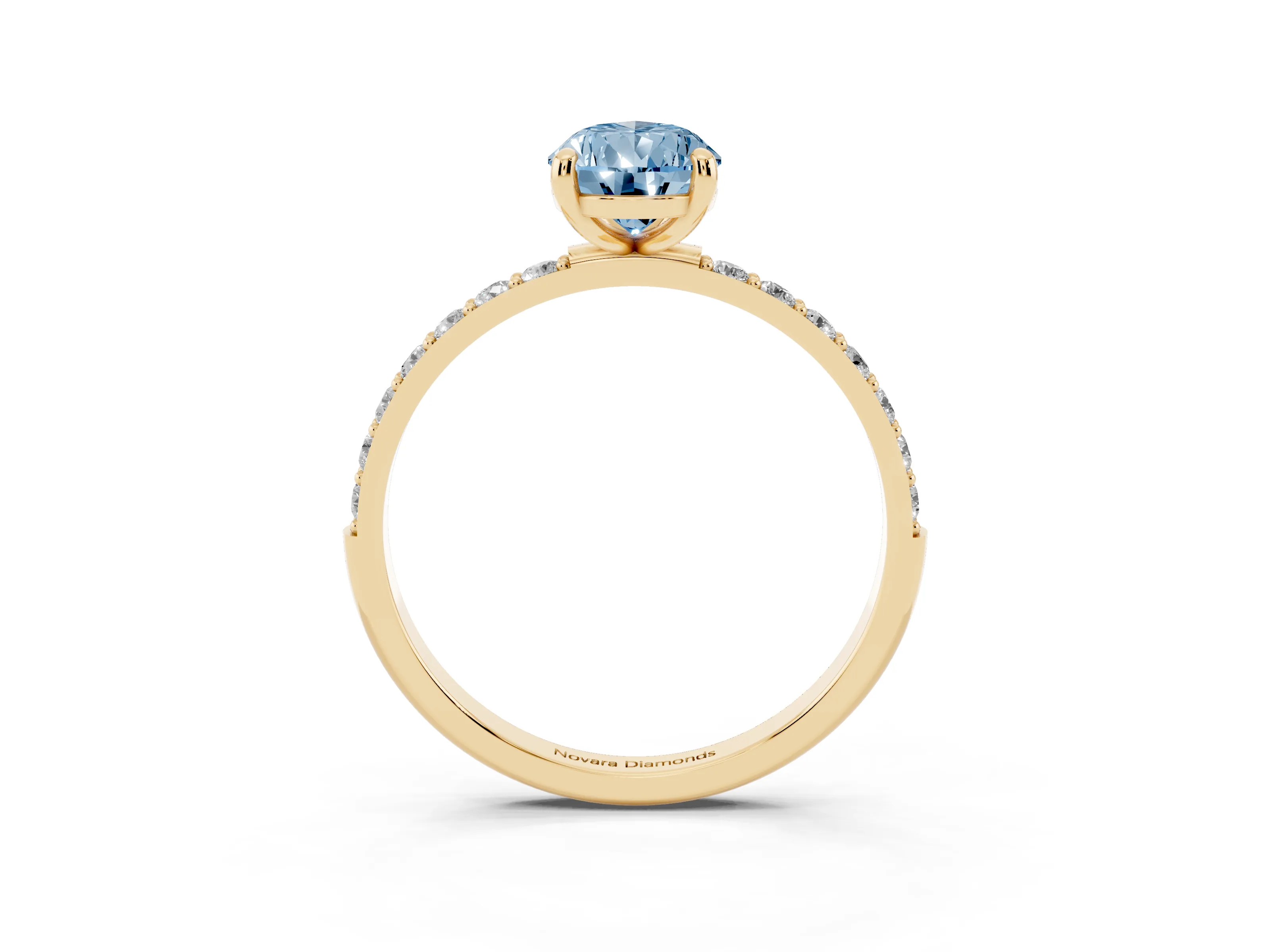Fancy Blue Pear Cut Diamond Solitaire Ring Set in Yellow gold with Round Pavé Band and Prong Setting