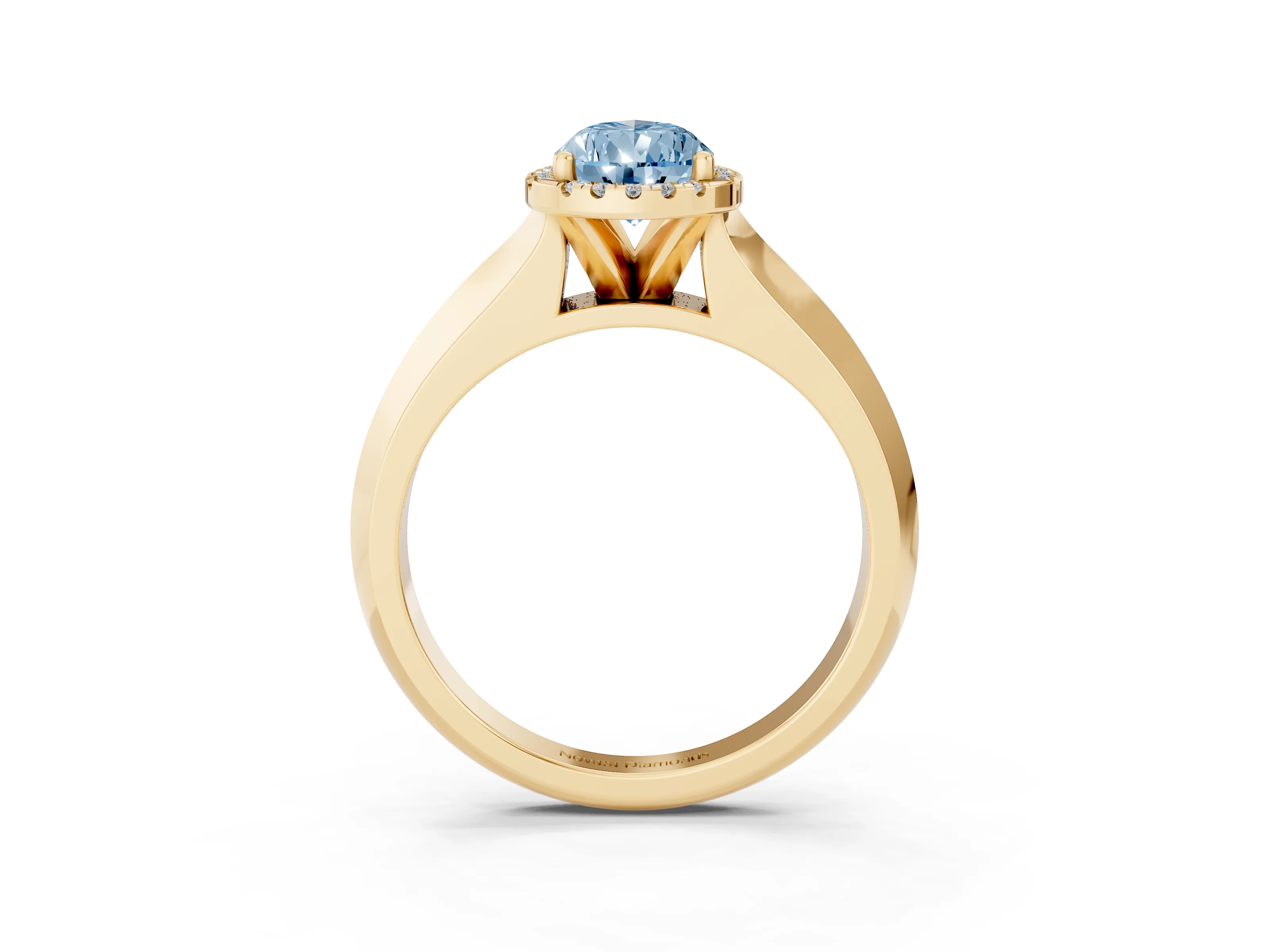 Fancy Blue Pear Cut Diamond Halo Ring Set in Yellow gold with Cathedral Band and Prong Setting