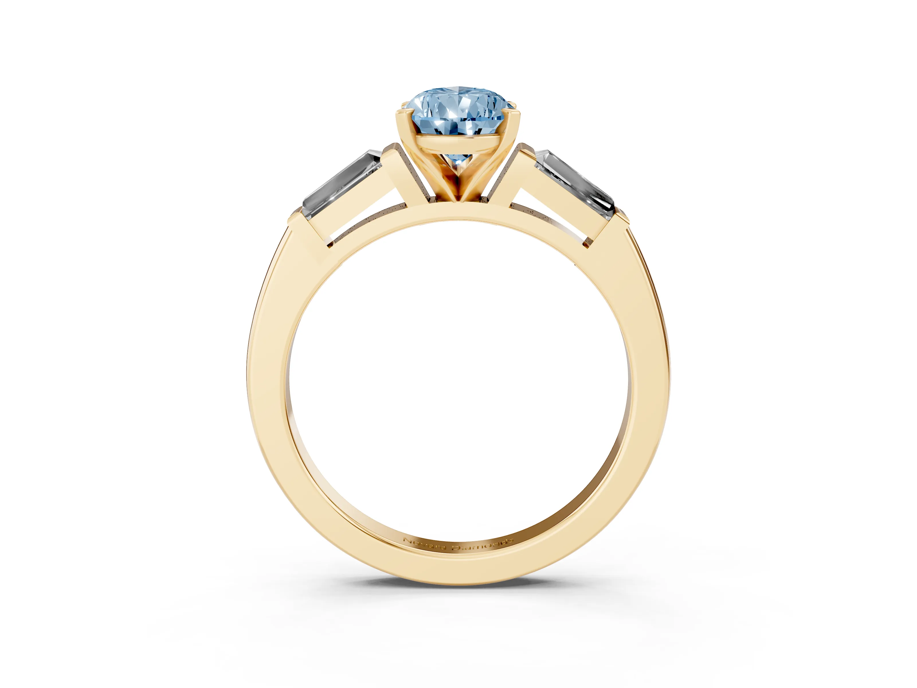 Fancy Blue Pear Cut Diamond Solitaire Ring Set in Yellow gold with Tapered Baguette Side Stones and Prong Setting