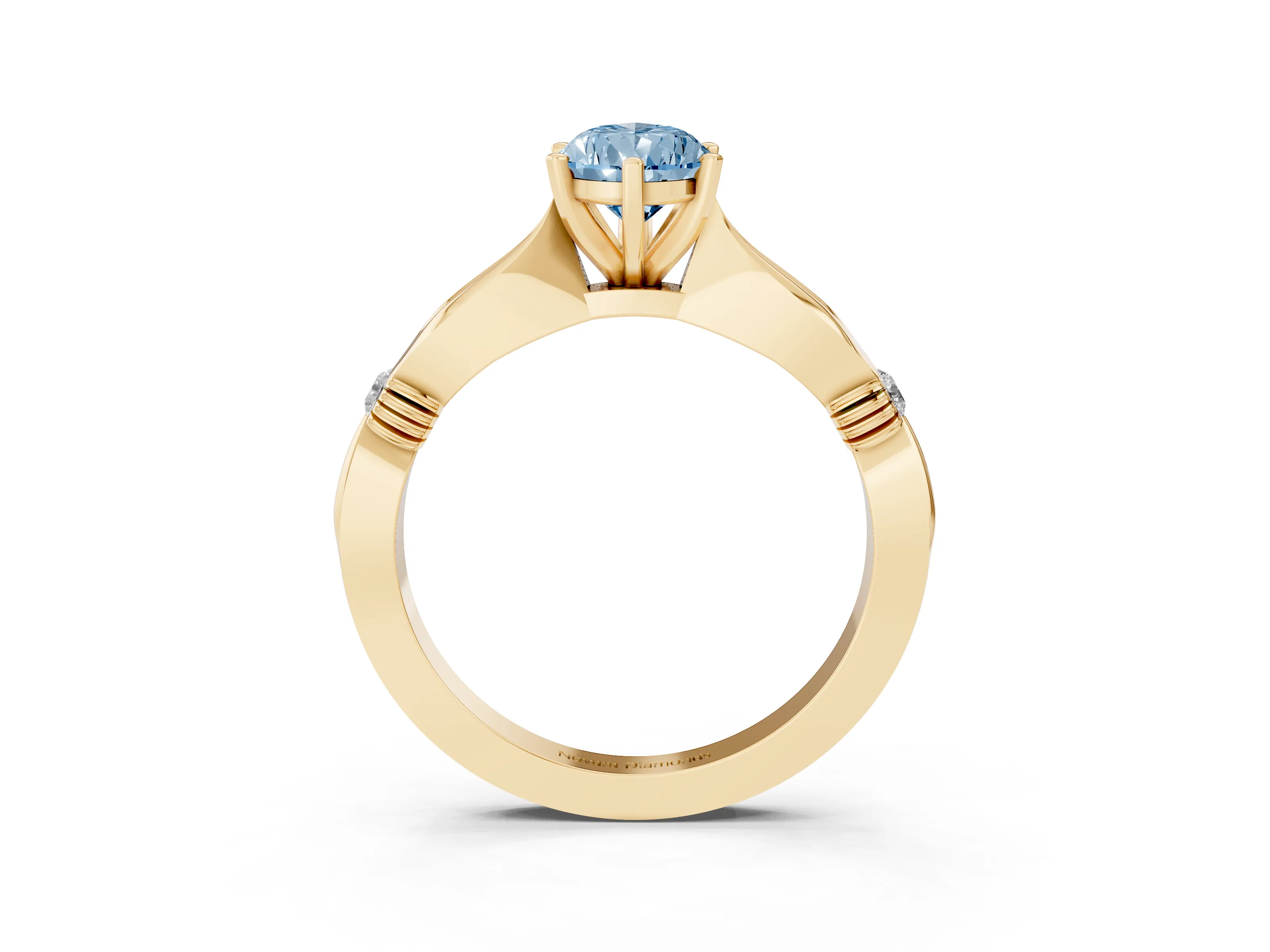Fancy Blue Pear Cut Diamond Solitaire Twisted Band Ring Set in Yellow gold with Accent Stones and Prong Setting