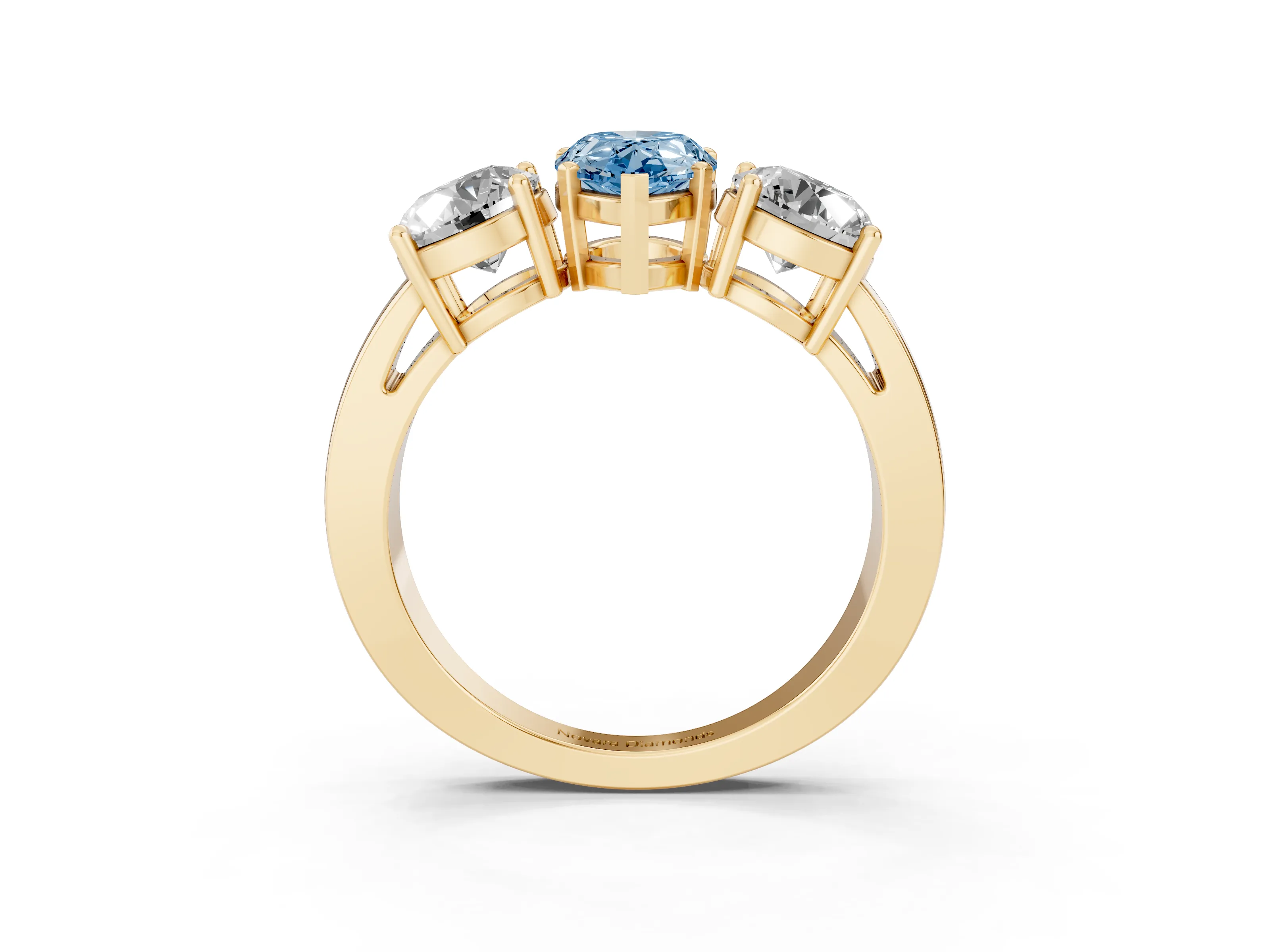 Fancy Blue Pear Cut Diamond Three-Stone Ring Set in Yellow gold with Round Side Stones and Classic Band