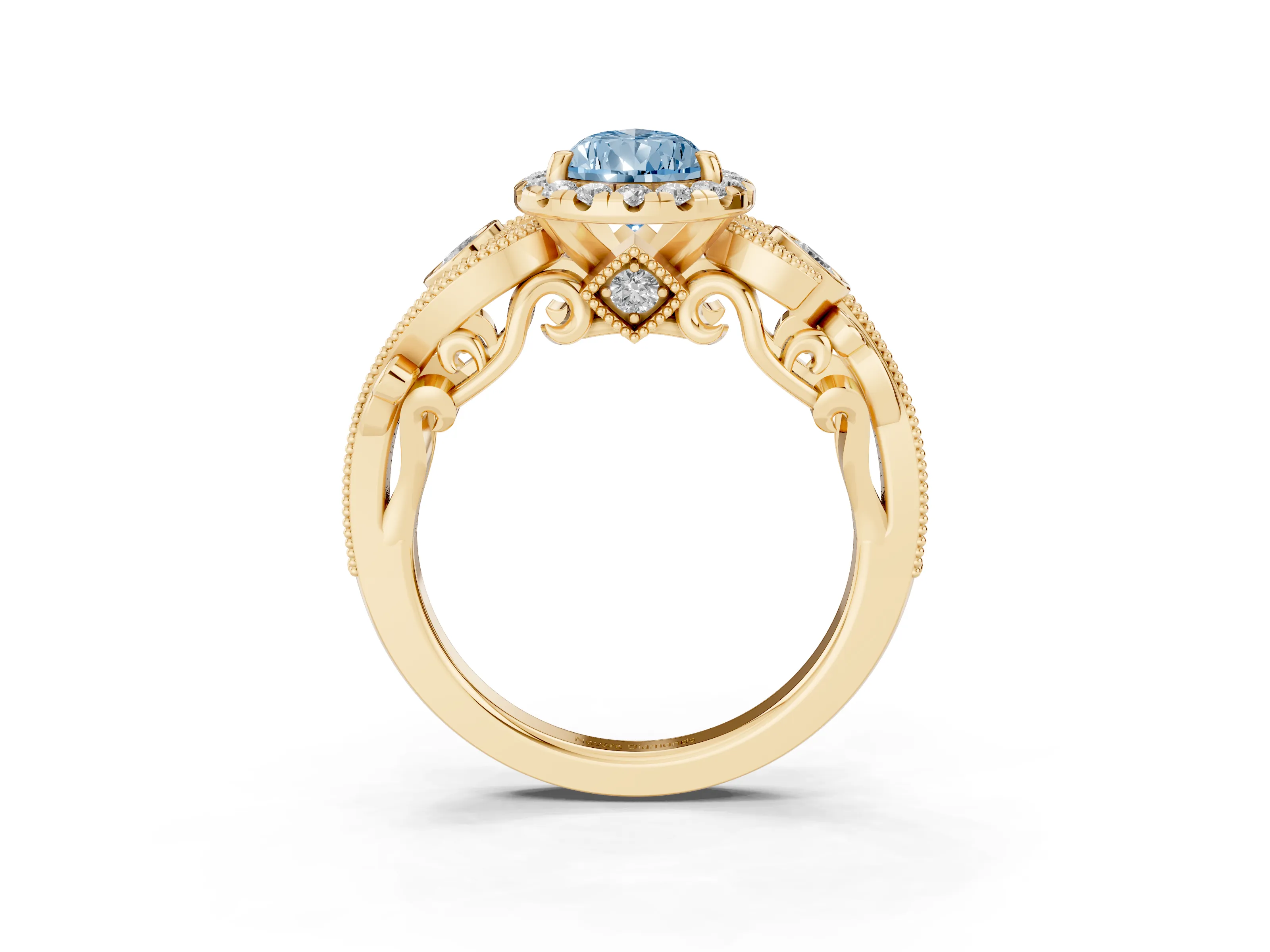 Fancy Blue Pear Cut Diamond Halo Ring Set in Yellow gold with Milgrain Pavé Band and Prong Setting