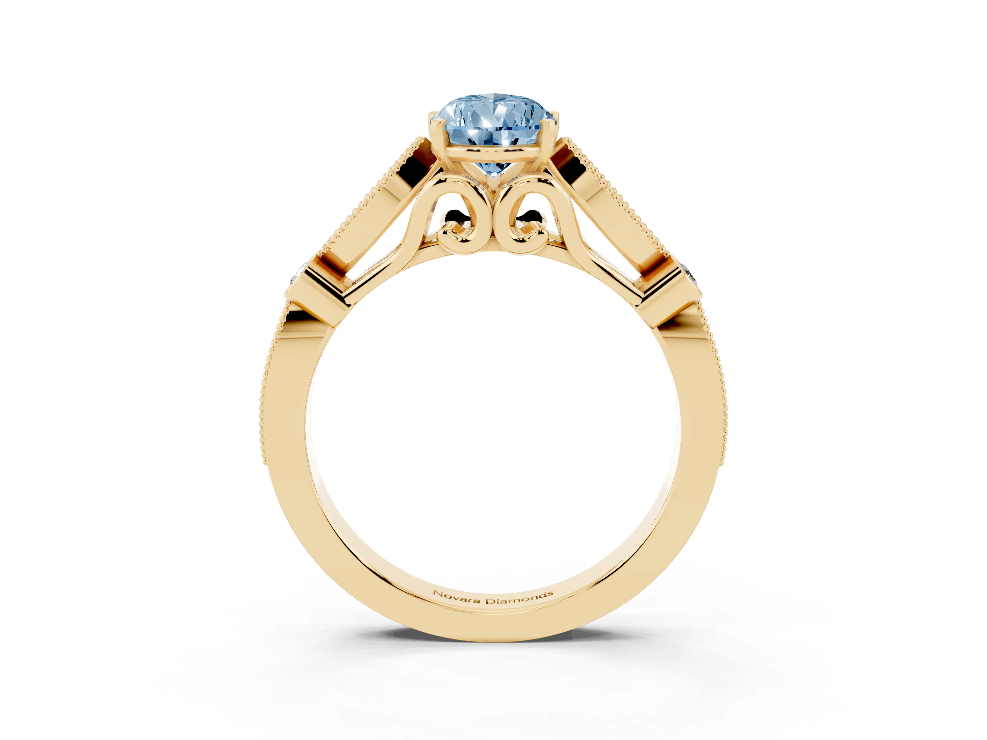 Fancy Blue Pear Cut Diamond Solitaire Ring Set in Yellow gold with Milgrain Marquise and Bezel Accents