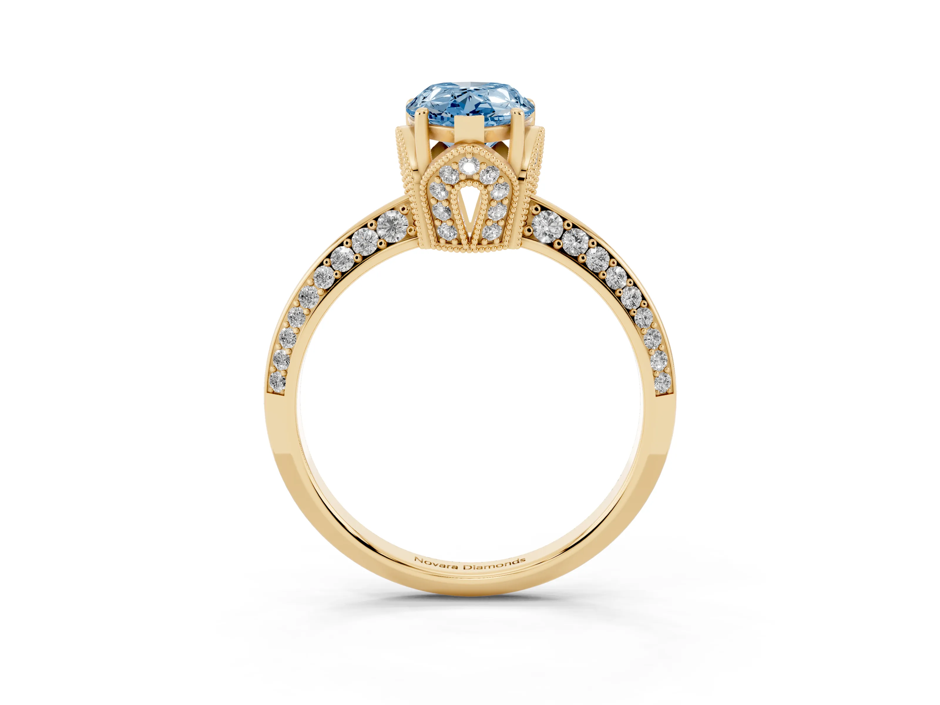 Fancy Blue Pear Cut Diamond Solitaire Engagement Ring Set in Yellow gold with Pavé Split Shank and Prong Setting