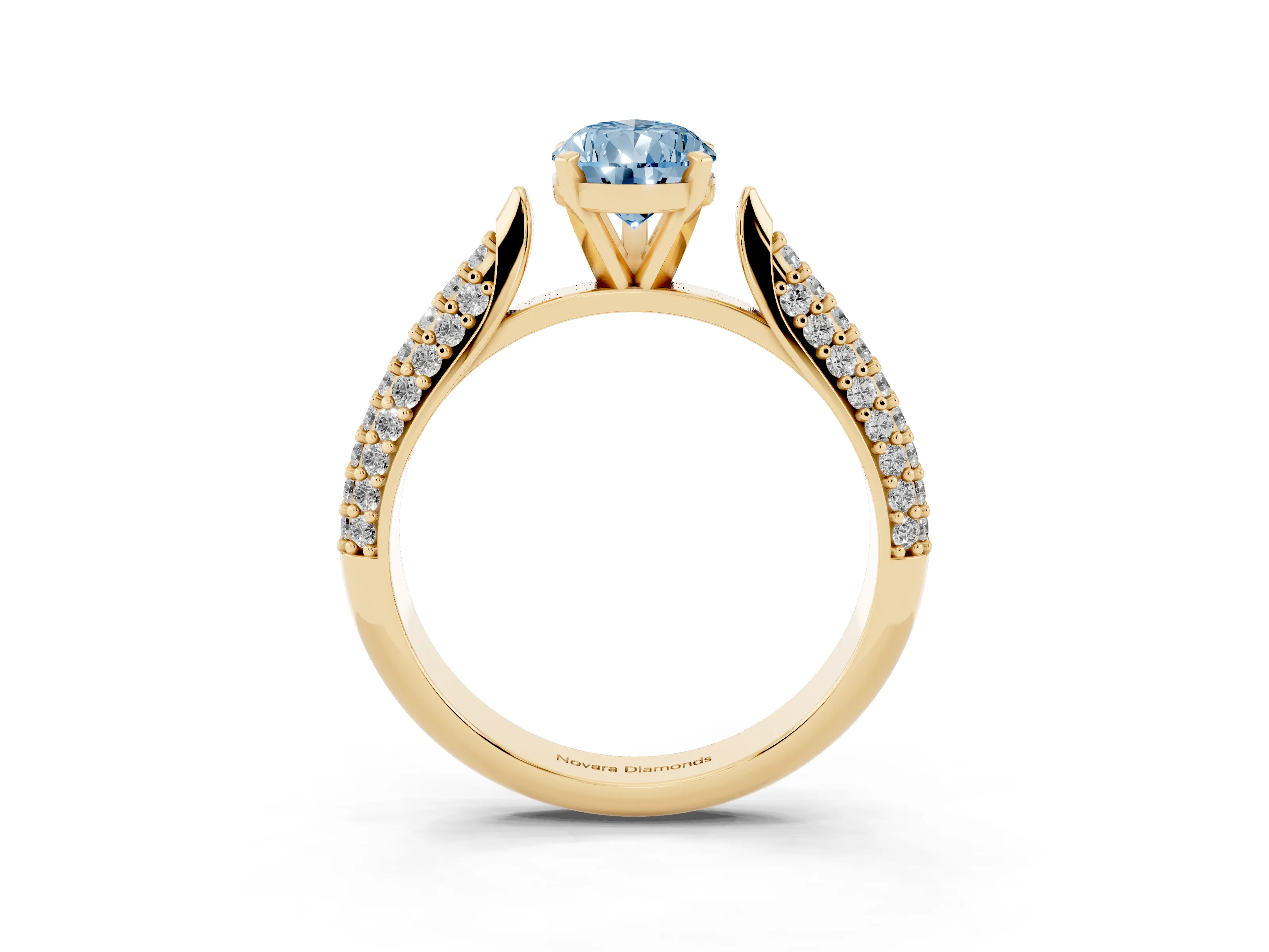 Fancy Blue Pear Cut Diamond Solitaire Engagement Ring Set in Yellow gold with Multi-Row Round Pavé Band and Prong Setting