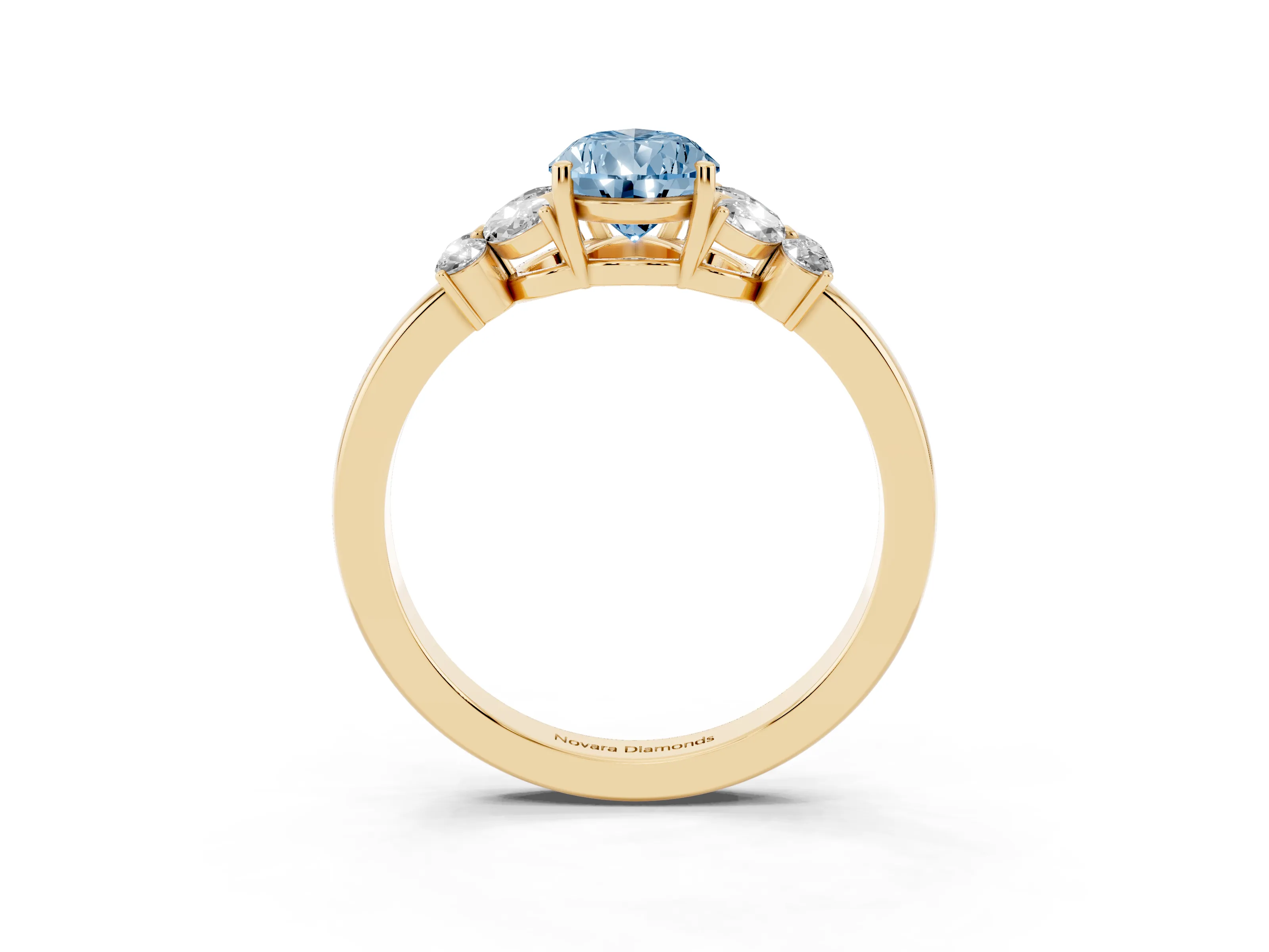 Fancy Blue Pear Cut Diamond Solitaire Floral Ring Set in Yellow gold with Marquise Petals and Prong Setting