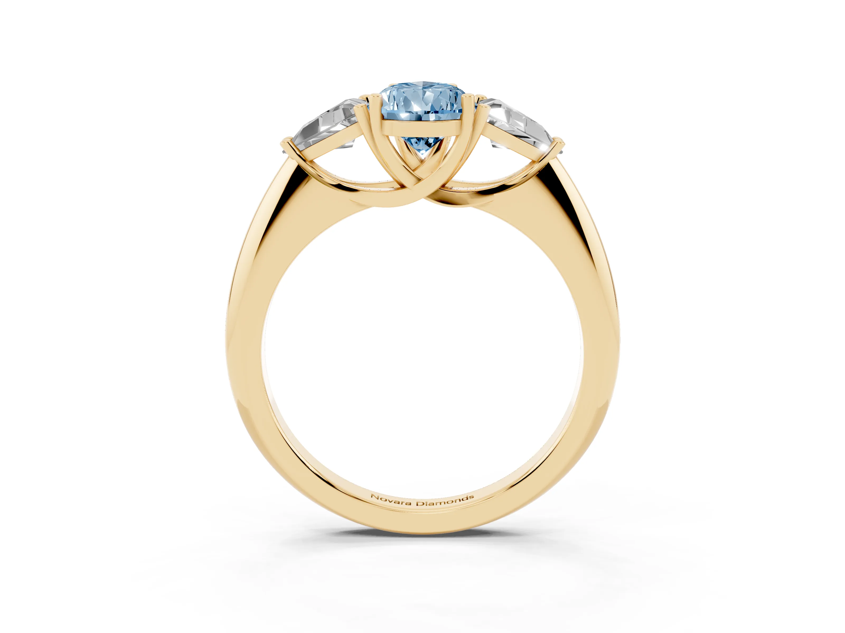 Fancy Blue Pear Cut Diamond Three-Stone Engagement Ring Set in Yellow gold with Trillion Side Stones