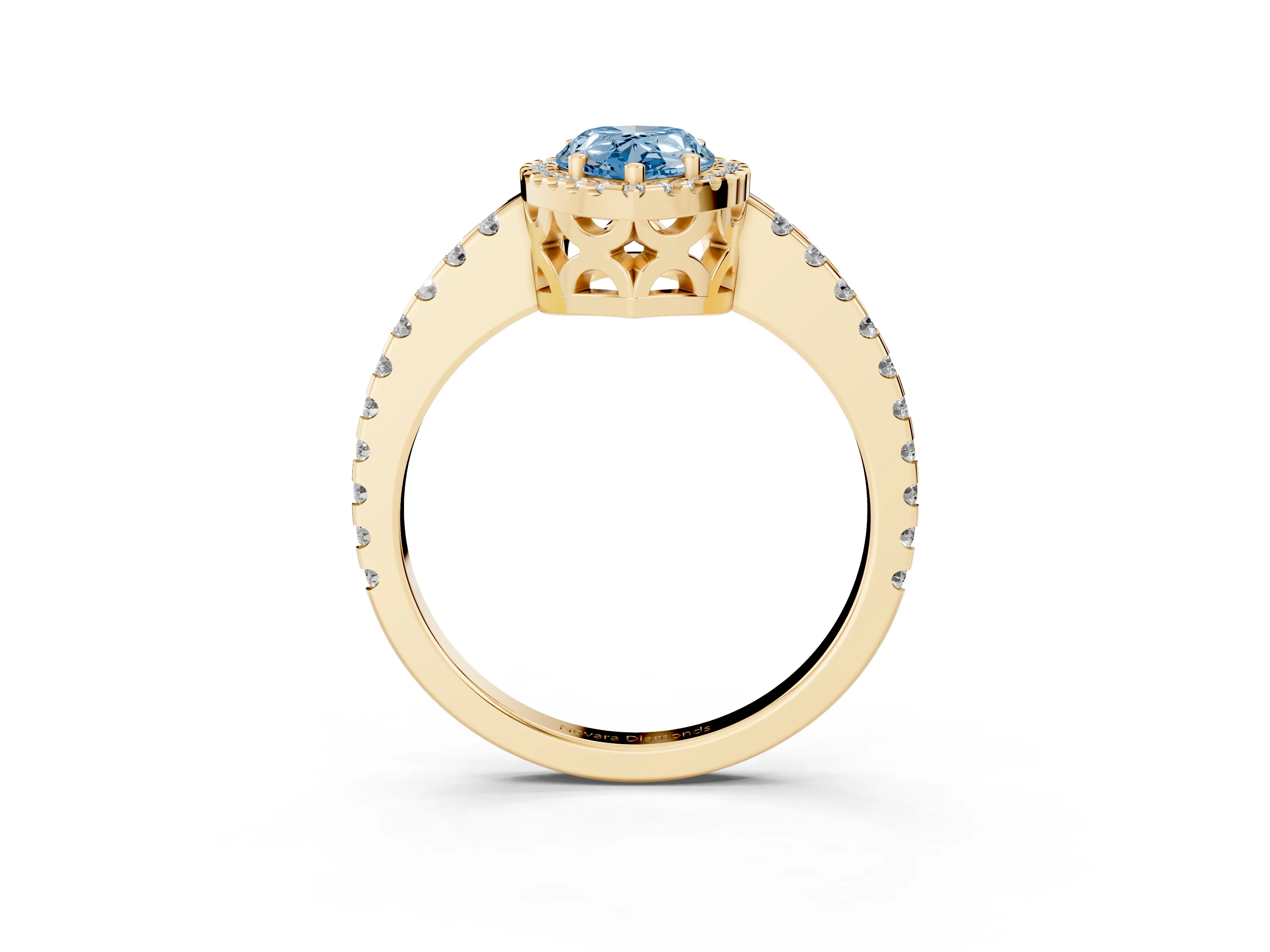 Fancy Blue Pear Cut Diamond Halo Ring Set in Yellow gold with Pavé Shoulders and Halo-Framed Center