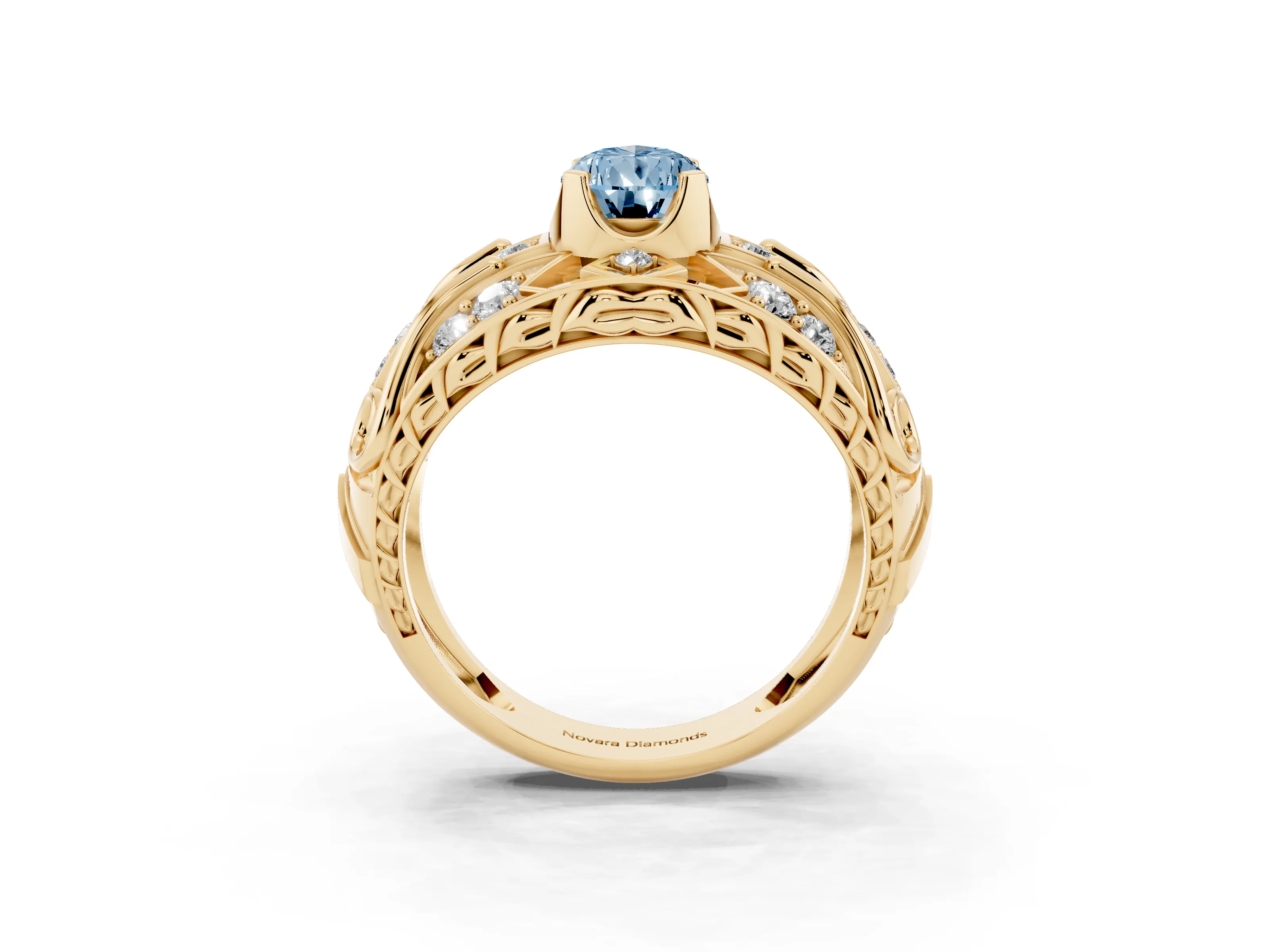 Fancy Blue Pear Cut Diamond Art Deco Ring Set in Yellow gold with Pavé Split Shank