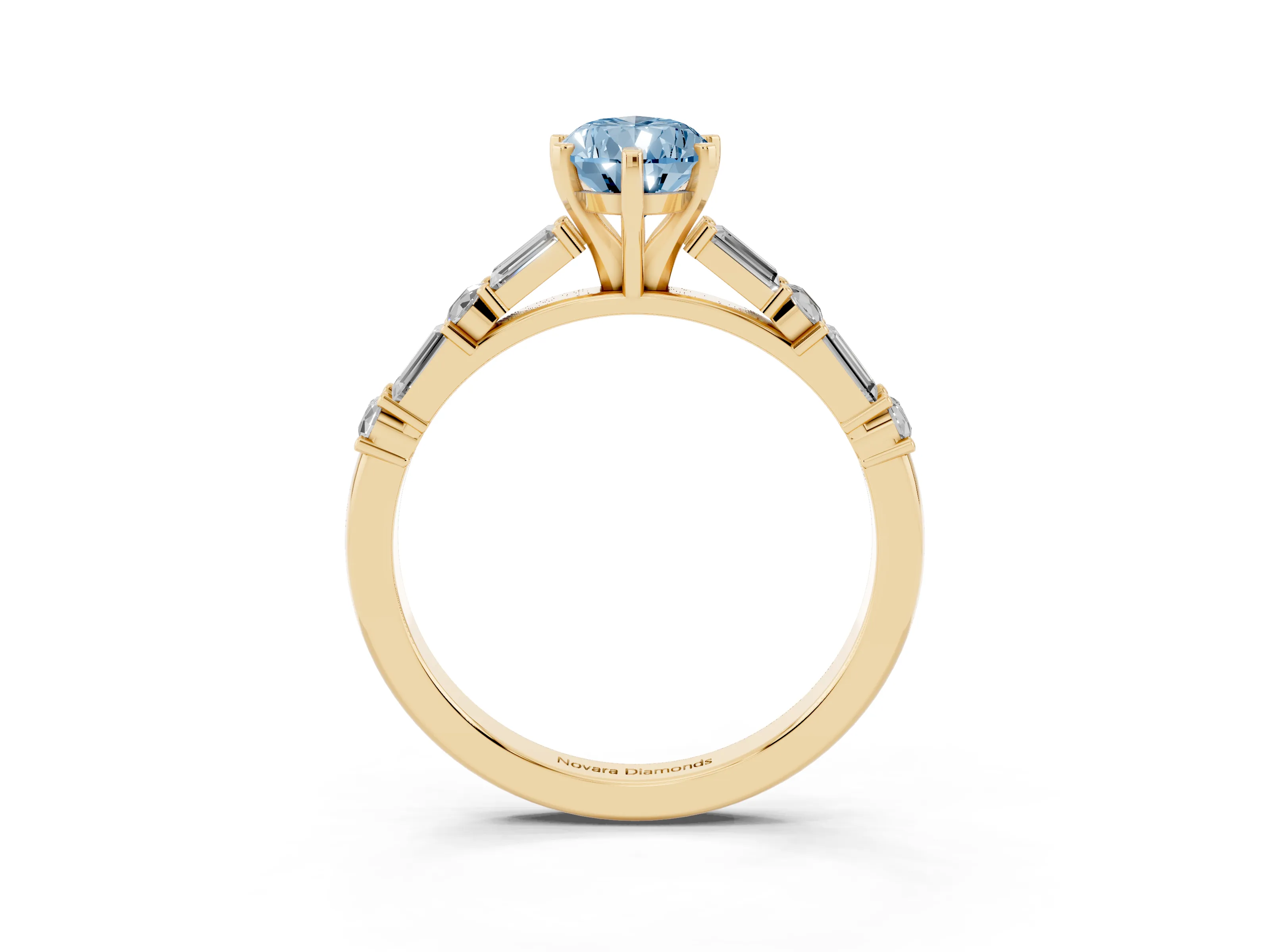 Fancy Blue Pear Cut Diamond Solitaire Set in Yellow gold with Side Baguettes and Channel Set Band