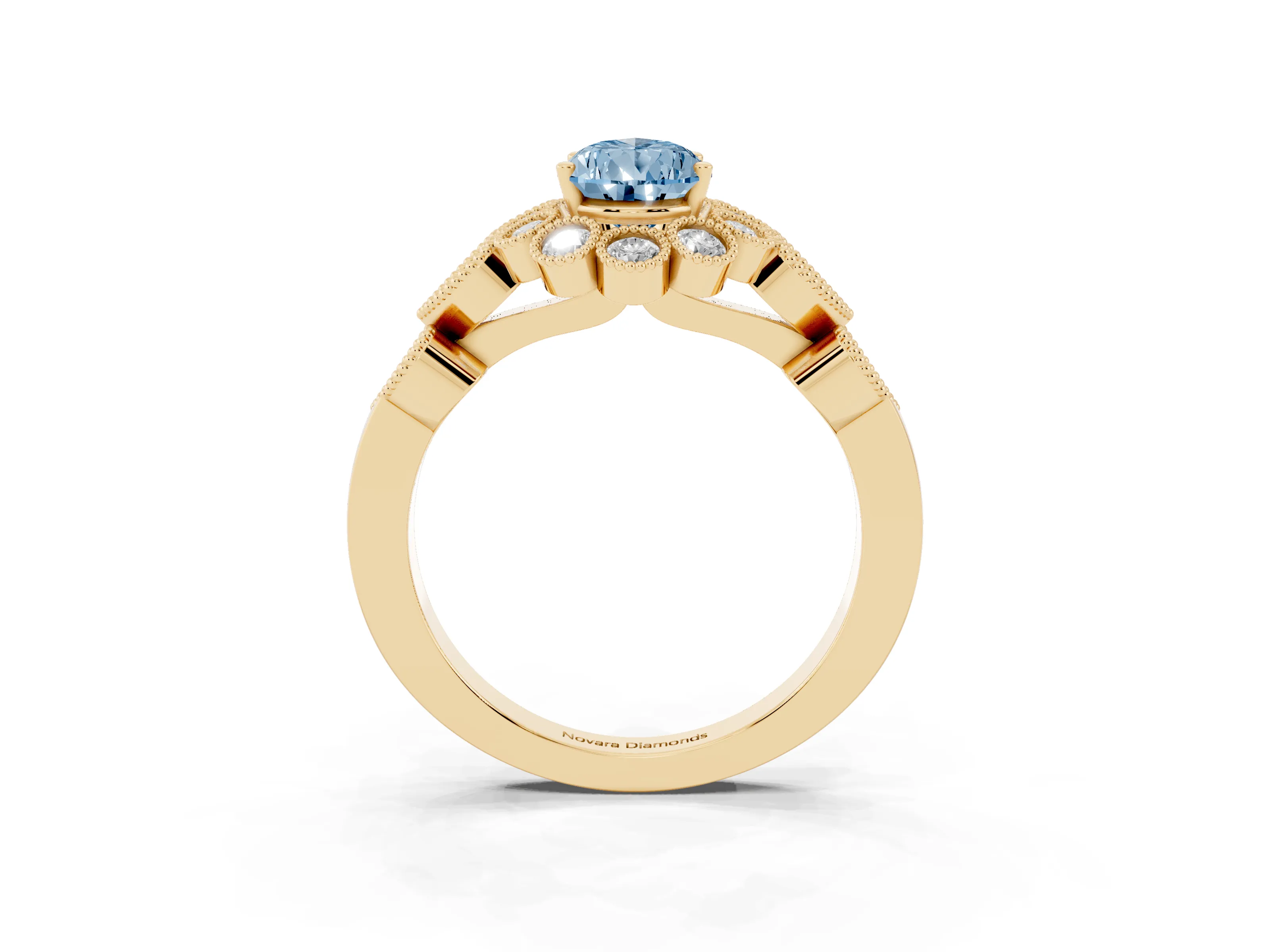Fancy Blue Pear Cut Diamond Solitaire Ring Set in Yellow gold with Milgrain Pavé Heart Band
