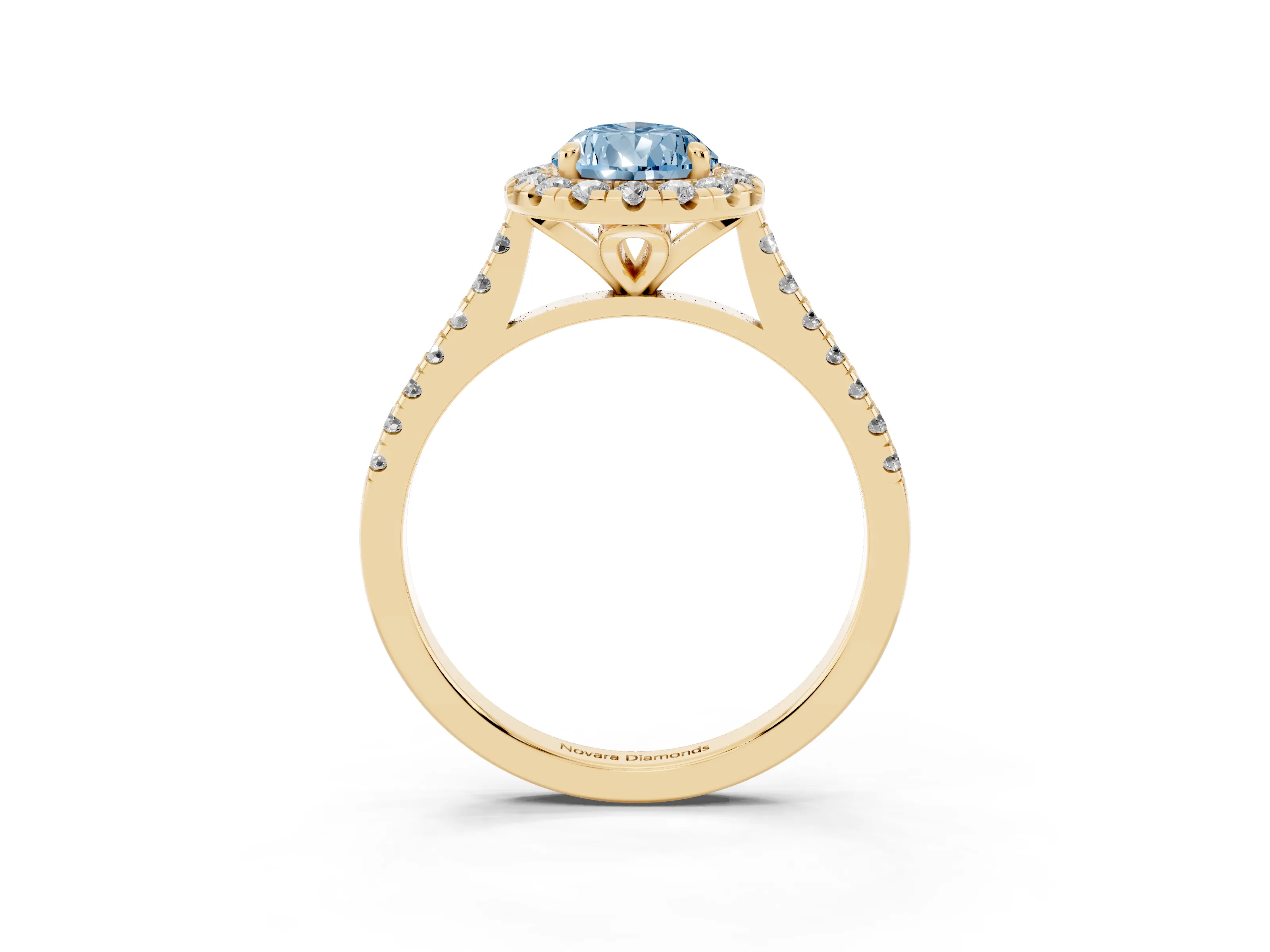 Fancy Blue Pear Cut Diamond Cushion Halo Ring Set in Yellow gold with Pavé Band