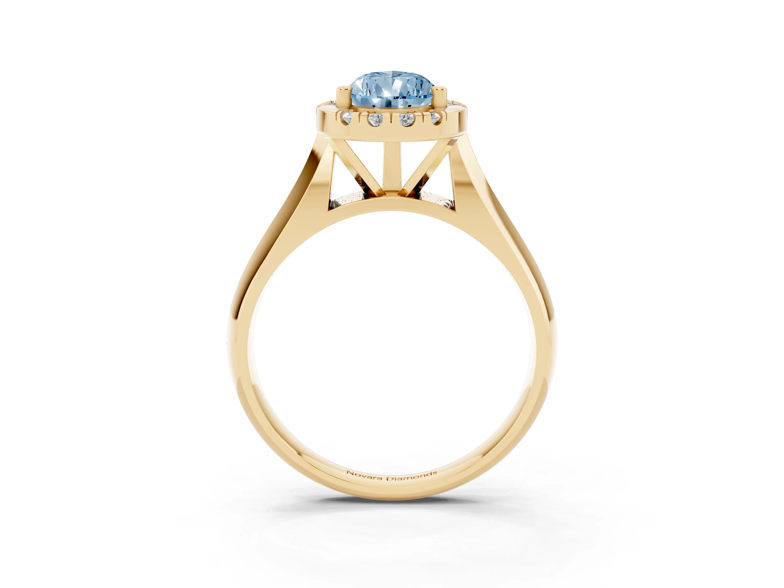 Fancy Blue Pear Cut Diamond Halo Solitaire Engagement Ring Set in Yellow gold with Square Band and Prong Setting